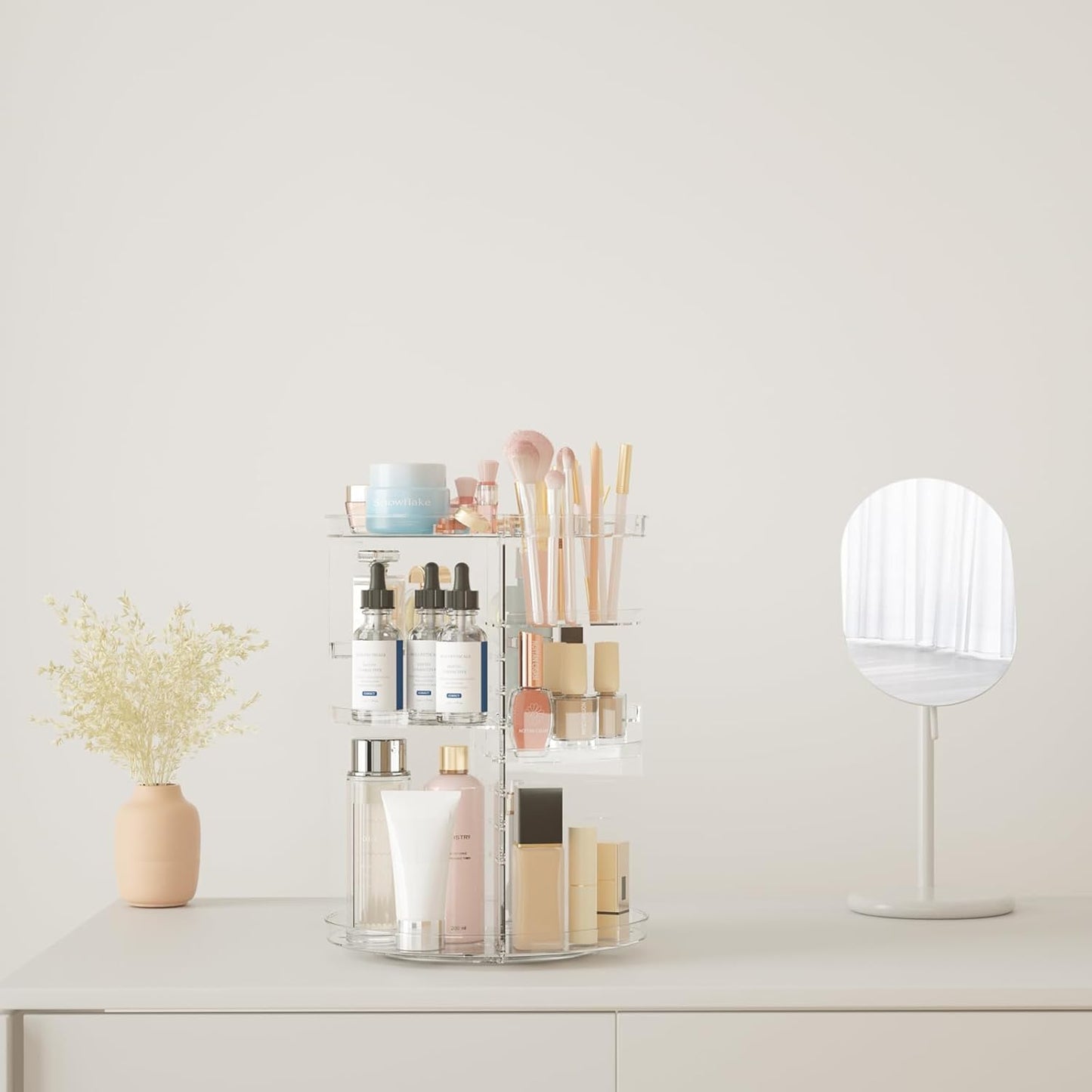 Behome 360 Rotation Makeup Organizer, Adjustable Shelf Height and Fully Rotatable, Cosmetic Holder Shelf, Make Up Organizers and Storage for Bedroom, Transparent