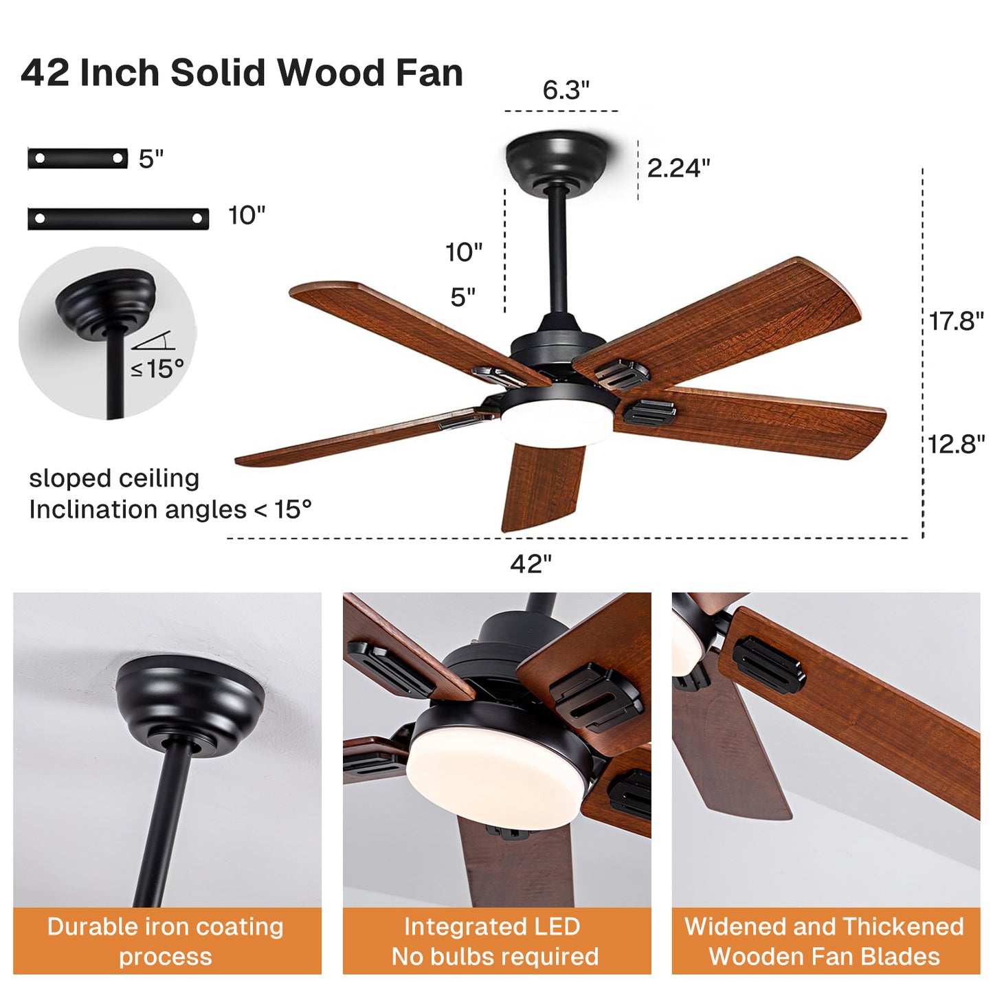 Behome 42" Wood Ceiling Fan,Ceiling Fans with Lights and Remote Control, Wood Blades, Flush Mount, 6 Speeds DC Reversible, 3CCT, Dimmable, Noiseless, for Bedroom, Living Room