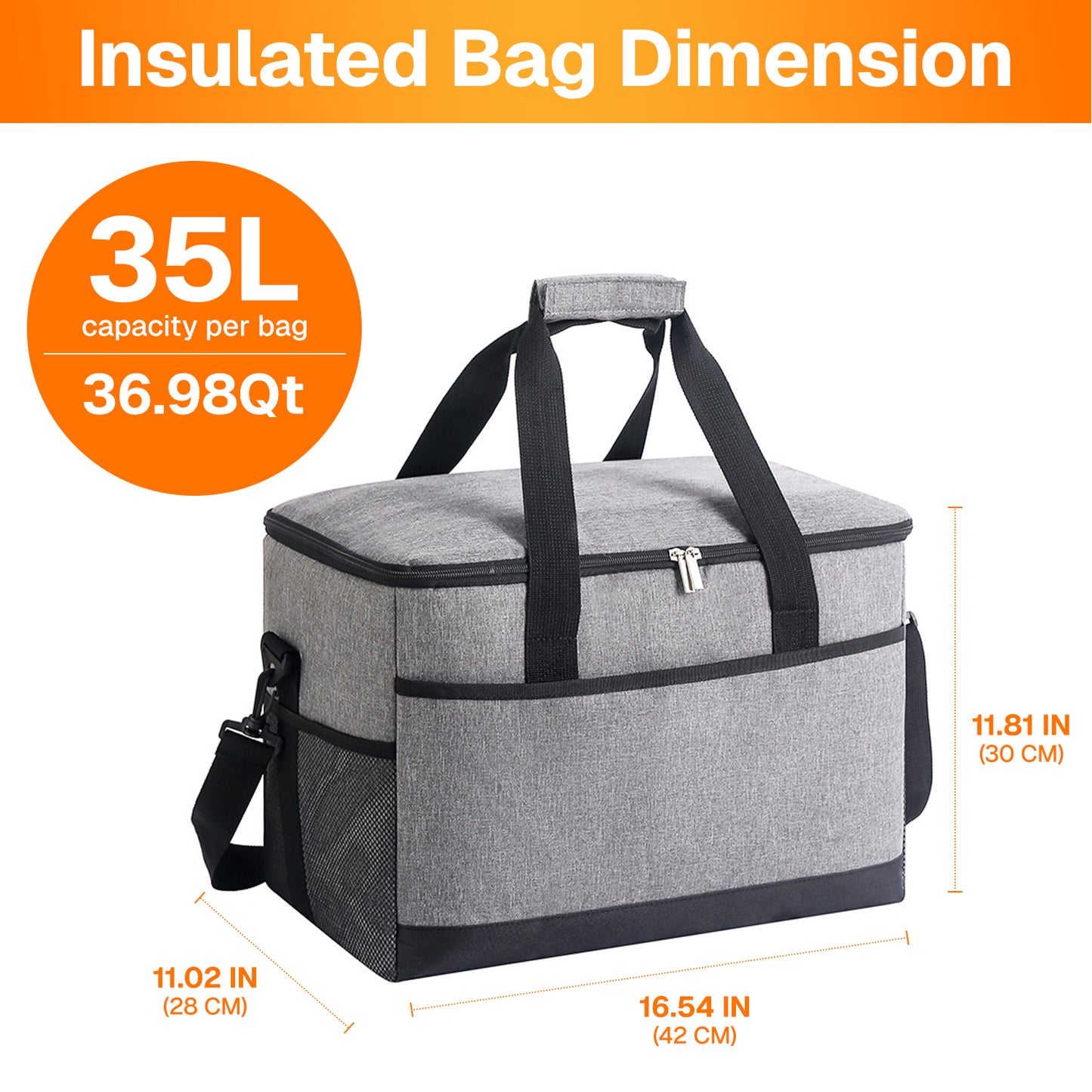 BN-LINK Insulated Cooler Bag,37Qt Capacity Soft Cooler with Adjustable Shoulder Strap,Leakproof Lunch Bag for Picnic, Grocery, Beach, Camping, Travel,Gray