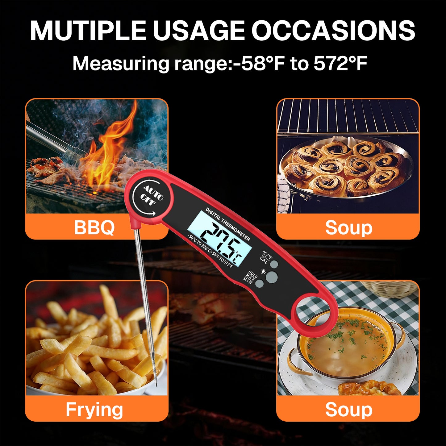 Behome Meat Thermometer, Food Thermometer for Cooking Kitchen Gadgets, Waterproof Digital Instant Read Meat Thermometer for Kitchen and Outside, BBQ, Turkey, Candy, Liquids, Beef