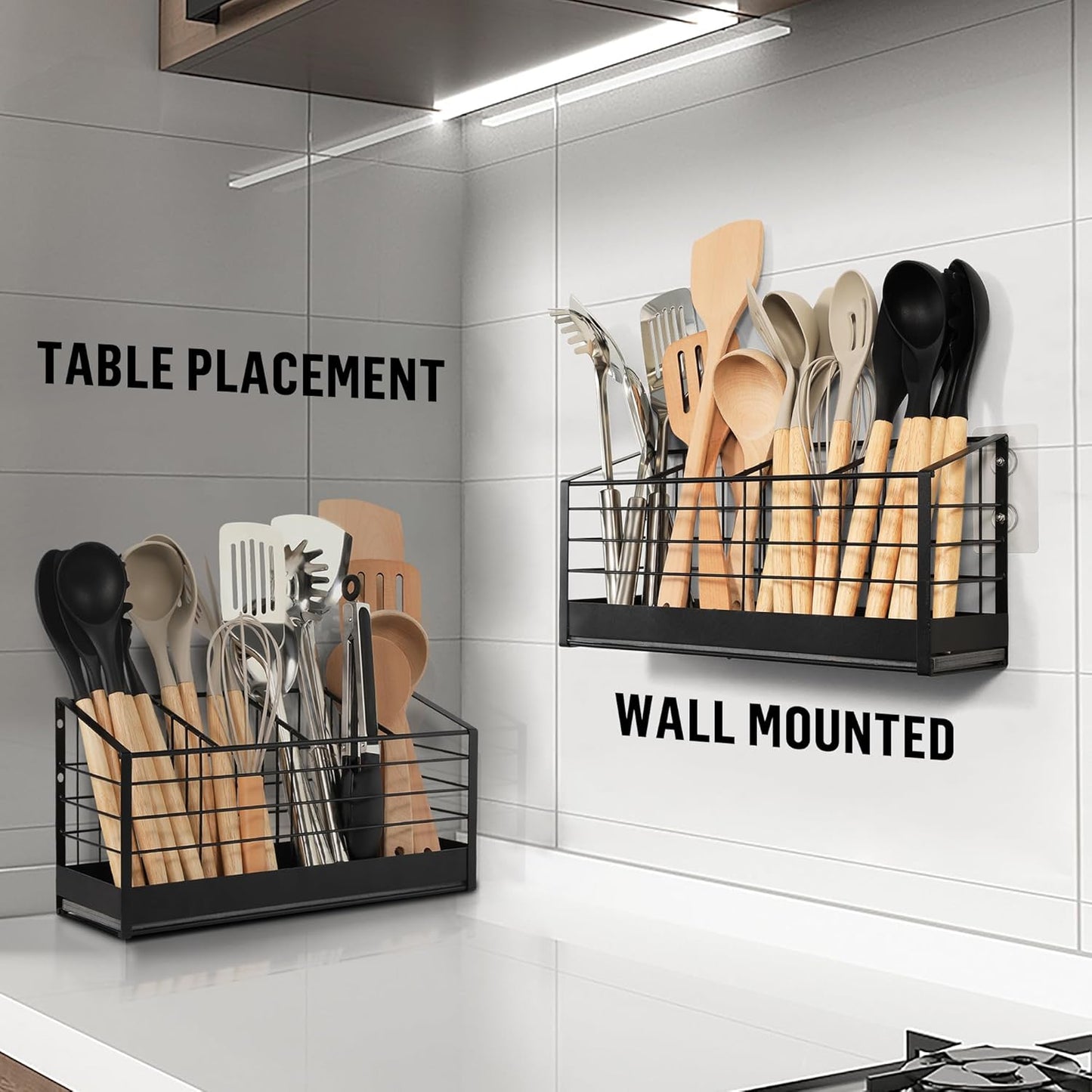 Behome Extra Large Kitchen Utensil Holder, 4 Compartments & Diatomaceous Earth Base, Wall Mounted Anti Rust Metal Holder for Kitchen Counter, Farmhouse Cooking Utensil Storage, Black
