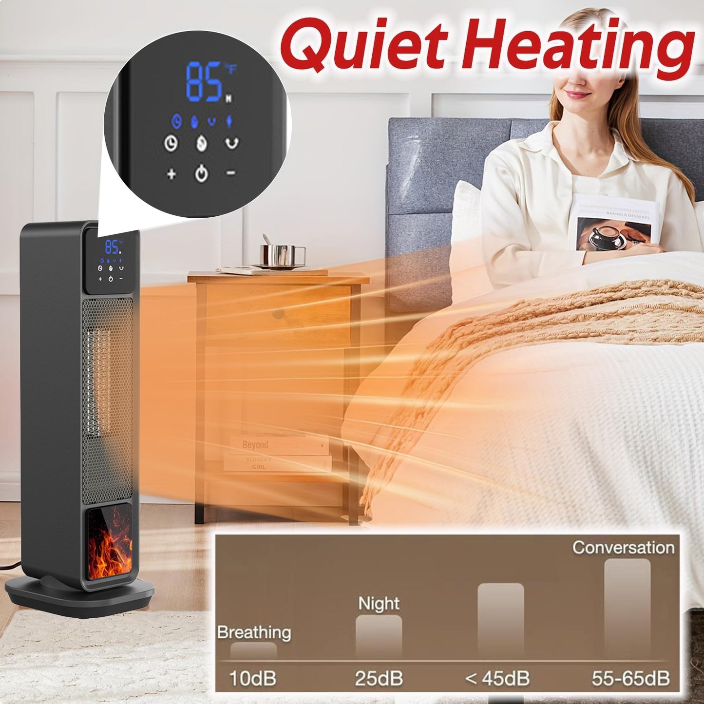 Behome Space Heater Indoor, 24’’ Electric Heaters with Remote & Thermostat, 3 Modes & 70°Oscillation & 12H Timer, Portable Room Tower Space Heater for Office, Bedroom, Large Room