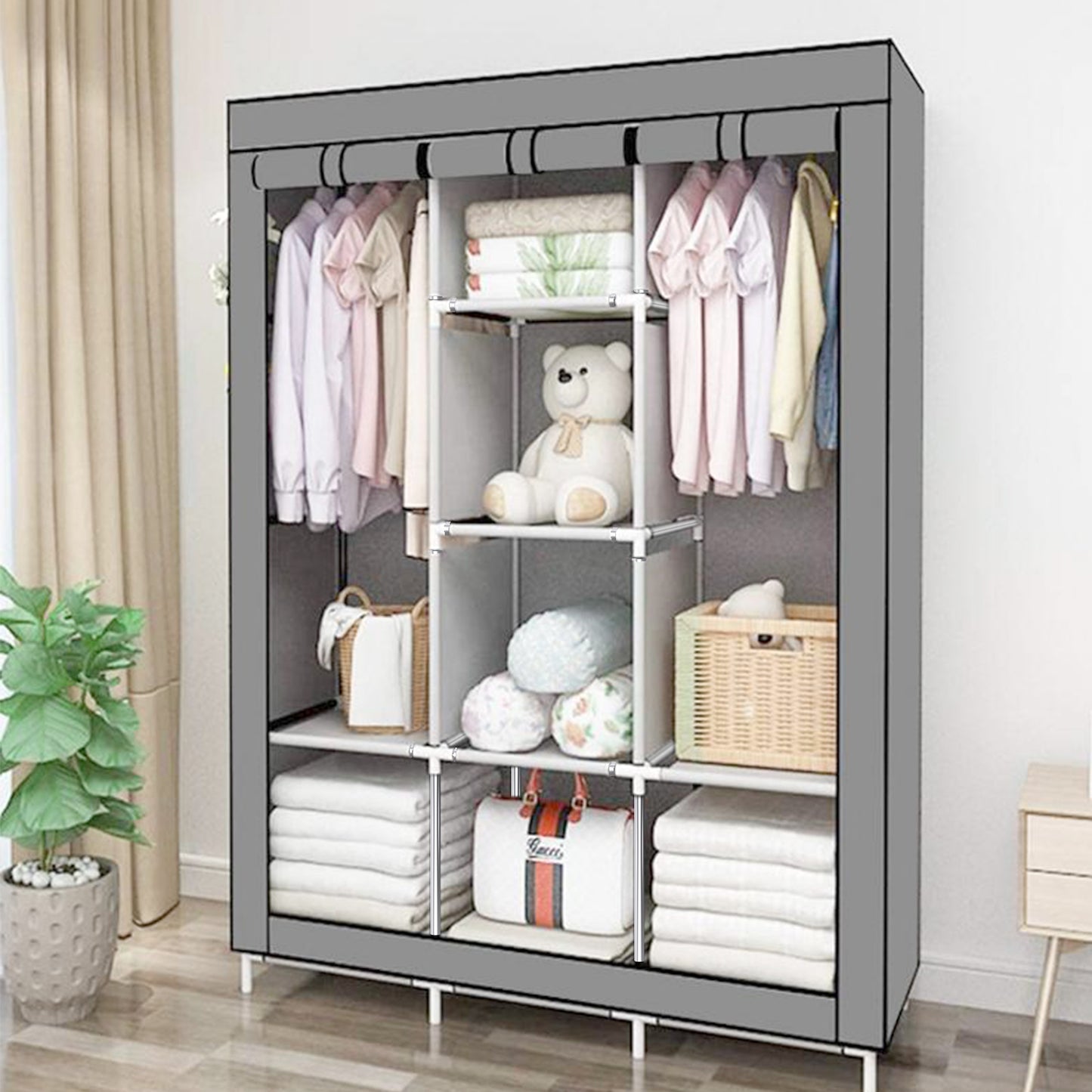 BN-LINK Portable Closet Wardrobe, Wardrobe Closet Organizer with Non-Woven Fabric Cover, 8 Compartments, Large Clothes Storage Organizer, 51.2x 17.7 x 67 Inches, Gray