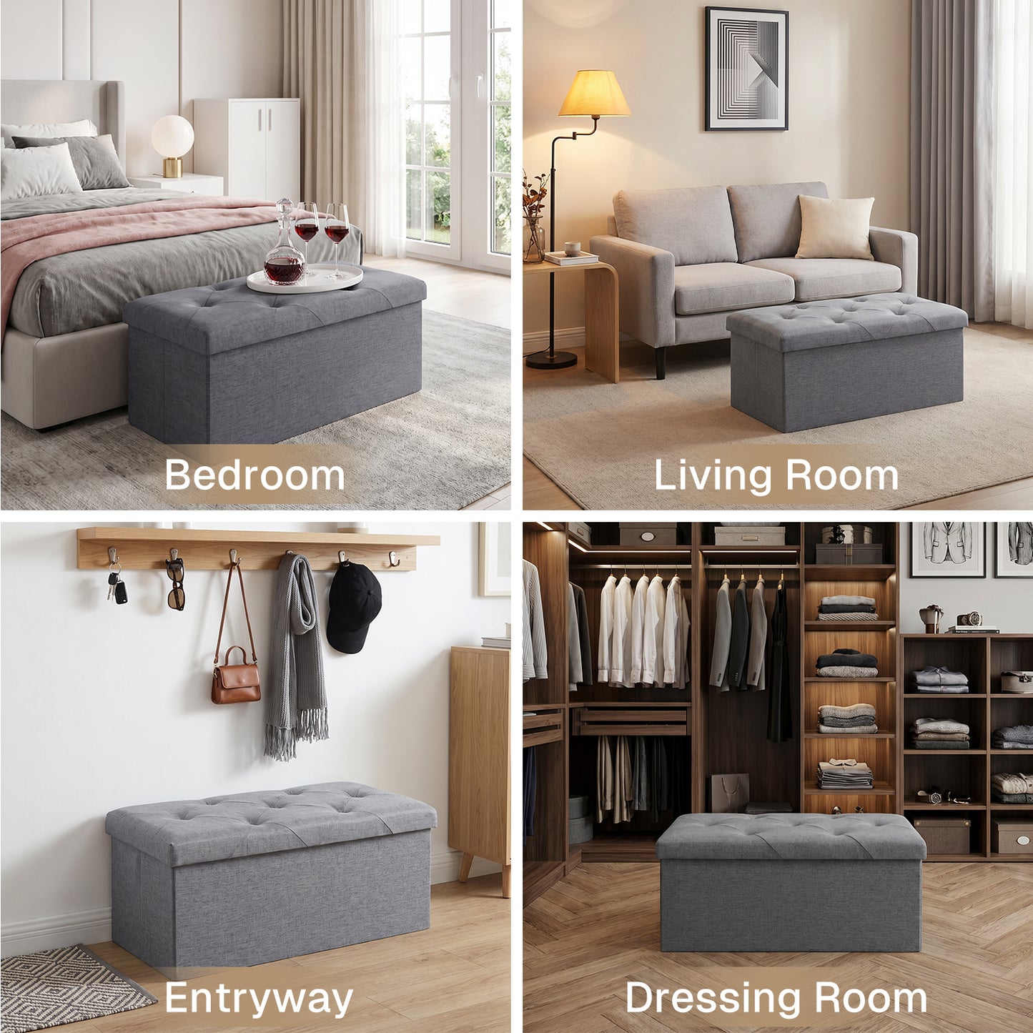 Behome Ottoman with Storage, Foldable storage ottoman bench, 30 Inch End of Bed Bench with Flipping Lid for Bedroom, Living Room,Gray
