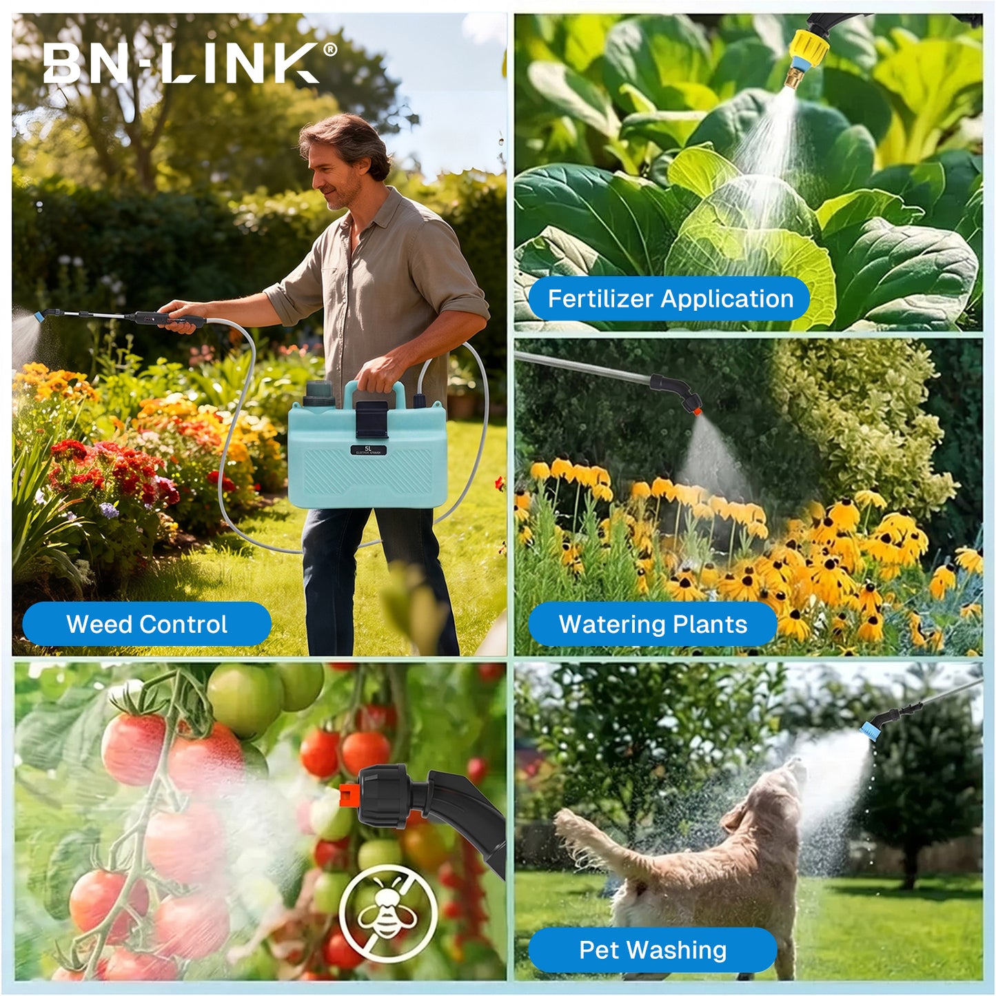 BN-LINK 1.3 Gallon Battery Powered Sprayer, Electric Sprayer with 4 Nozzles, 3 Adjustable Speed, Retractable Wand & Battery Indicator, Backpack Sprayer for Garden, Yard, Lawn