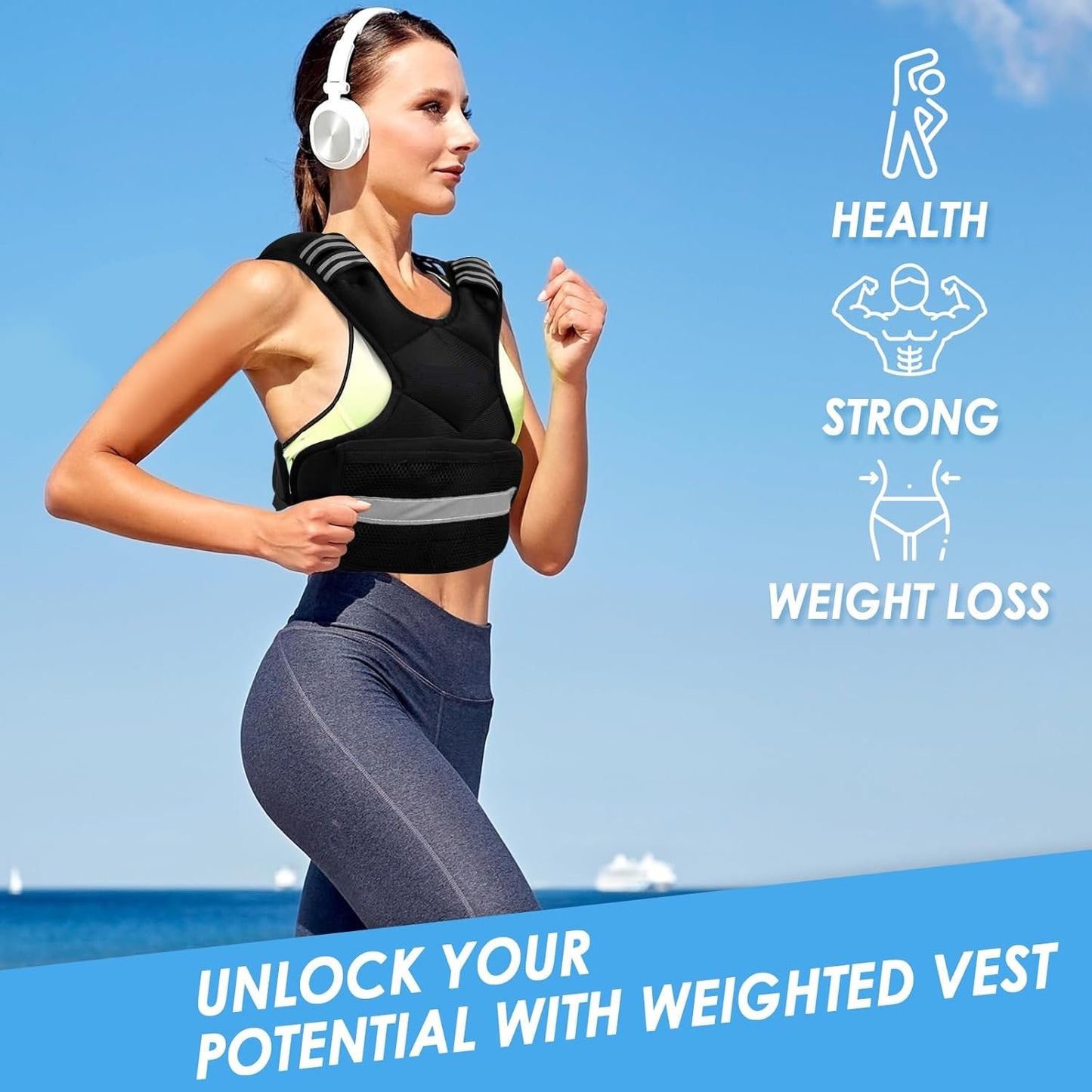 Behome Adjustable Weighted Vest, 7-11lb Vest with 6 Ironsand Weights, Large Pocket & Reflective Strip, for Men Women, Running Walking Exercise Workout