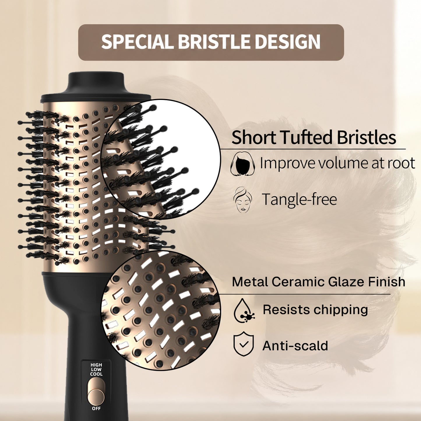 Behome Hair Dryer Brush, 4-in-1 Blow Dryer Brush with Oval Ceramic Barrel,Hot Air Brush for Fast Styling,Frizz-Free,Voluminous Blowouts, Gold Black