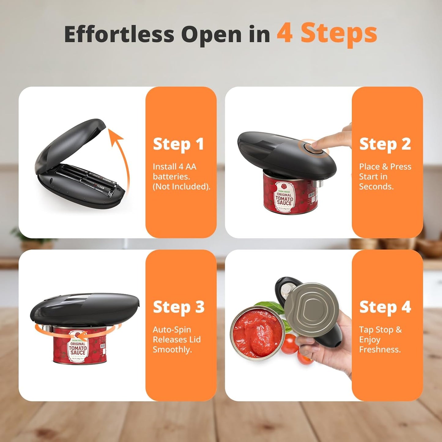 Behome Electric Can Opener, One Touch Automatic Kitchen Can Opener for Seniors with Arthritis, Hands Free & Smooth Edge, Battery Operated, for Any Size Can, Black