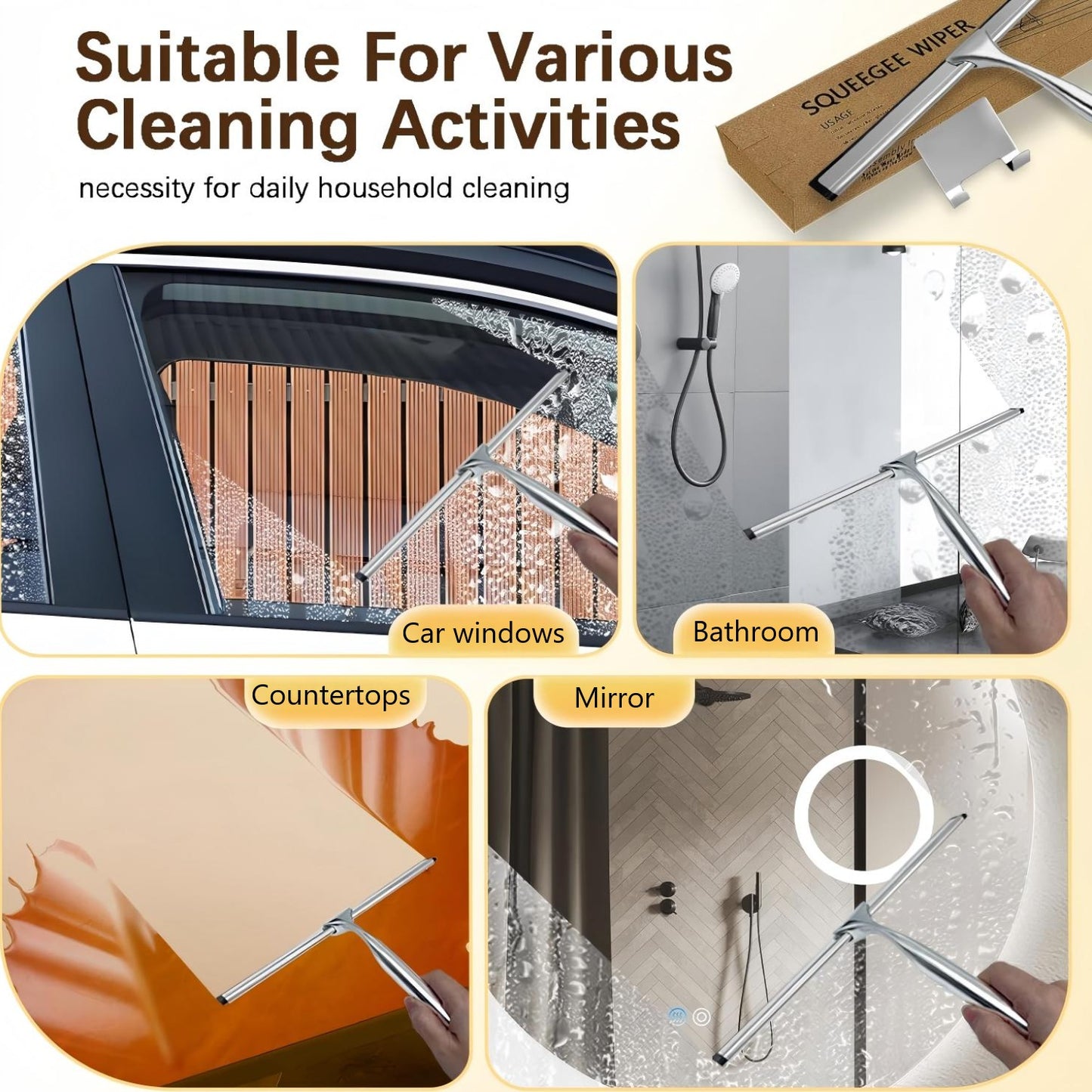 Behome 10 Inch Shower Squeegee for Shower Glass, All-Purpose Stainless Steel Squeegee with Adhesive Hooks, for Shower Doors, Car GlassM, irror and Window, Silver