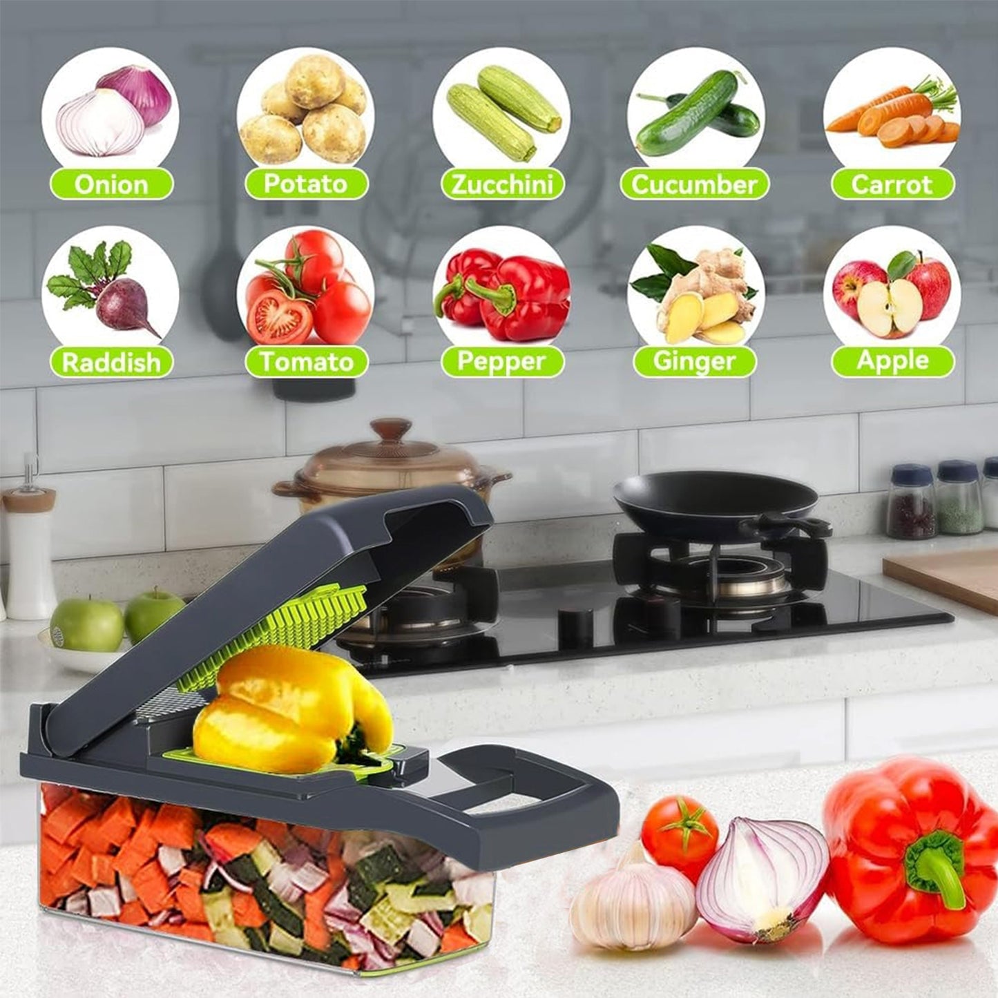 Behome Mandoline Slicer, 15-in-1 Multi-Functional Kitchen Gadget Set, Veggie Chopper, Food Chopper with Container, Vegetable Cutter & Spiralizer for Onion Salad, Gray