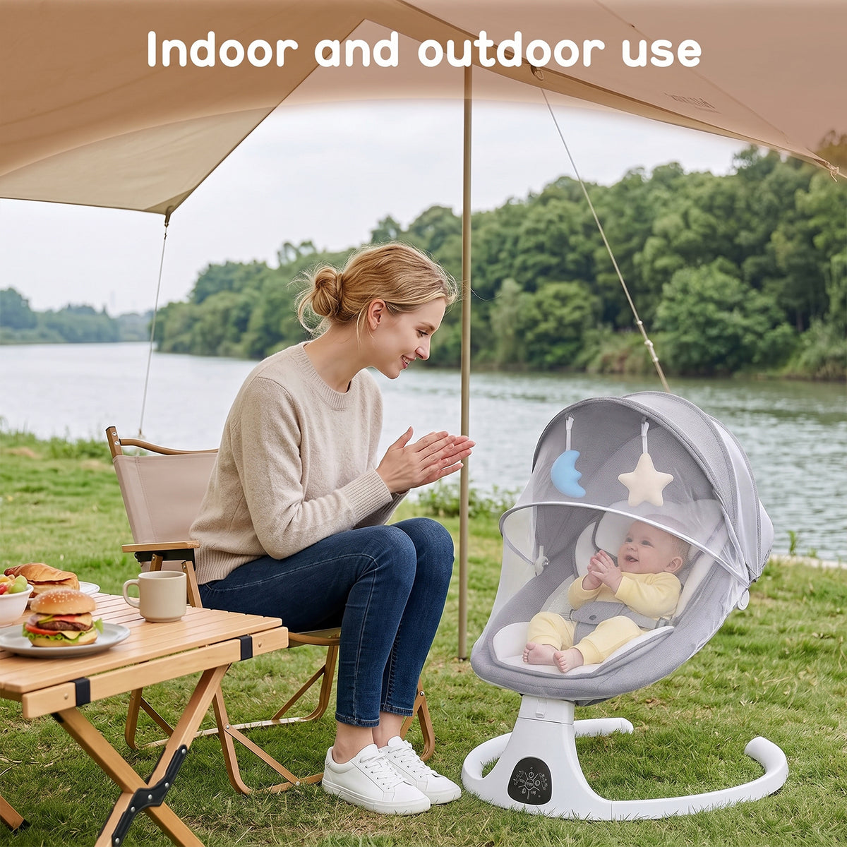 Behome Baby Swing for Infants, Bluetooth Baby Bouncer with 5 Swing Speed, 3-Stage Timer and Remote Control, Baby Swing Chair from Birth with 2 Plush Toys and a Mosquio Net, Grey