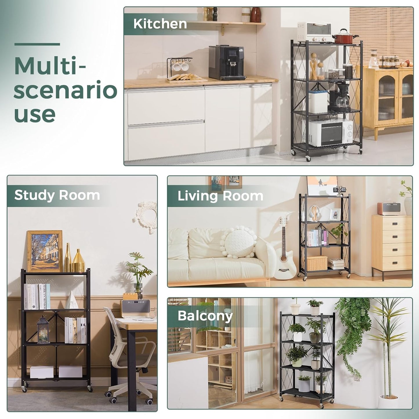 Behome 4 Tier Foldable Storage Shelves with Wheels, 28.1"x 13.4"x 50.2" Metal Shelving, No Assembly Storage Rack for Garage Kitchen, Basement, Pantry