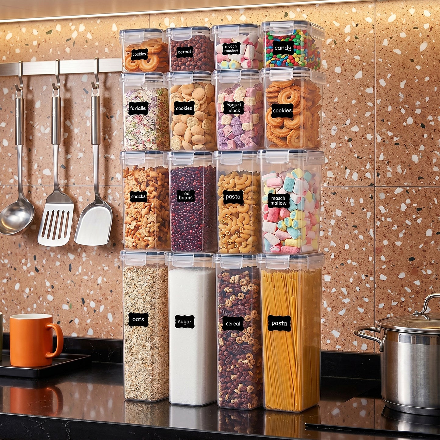 Behome Airtight Food Storage Containers with Lids, 16 pcs Leak-proof Cereal Containers Storage Set, BPA Free Kitchen and Pantry Organization Storage for Dry Food, Flour, Includes 16 Labels & Marker