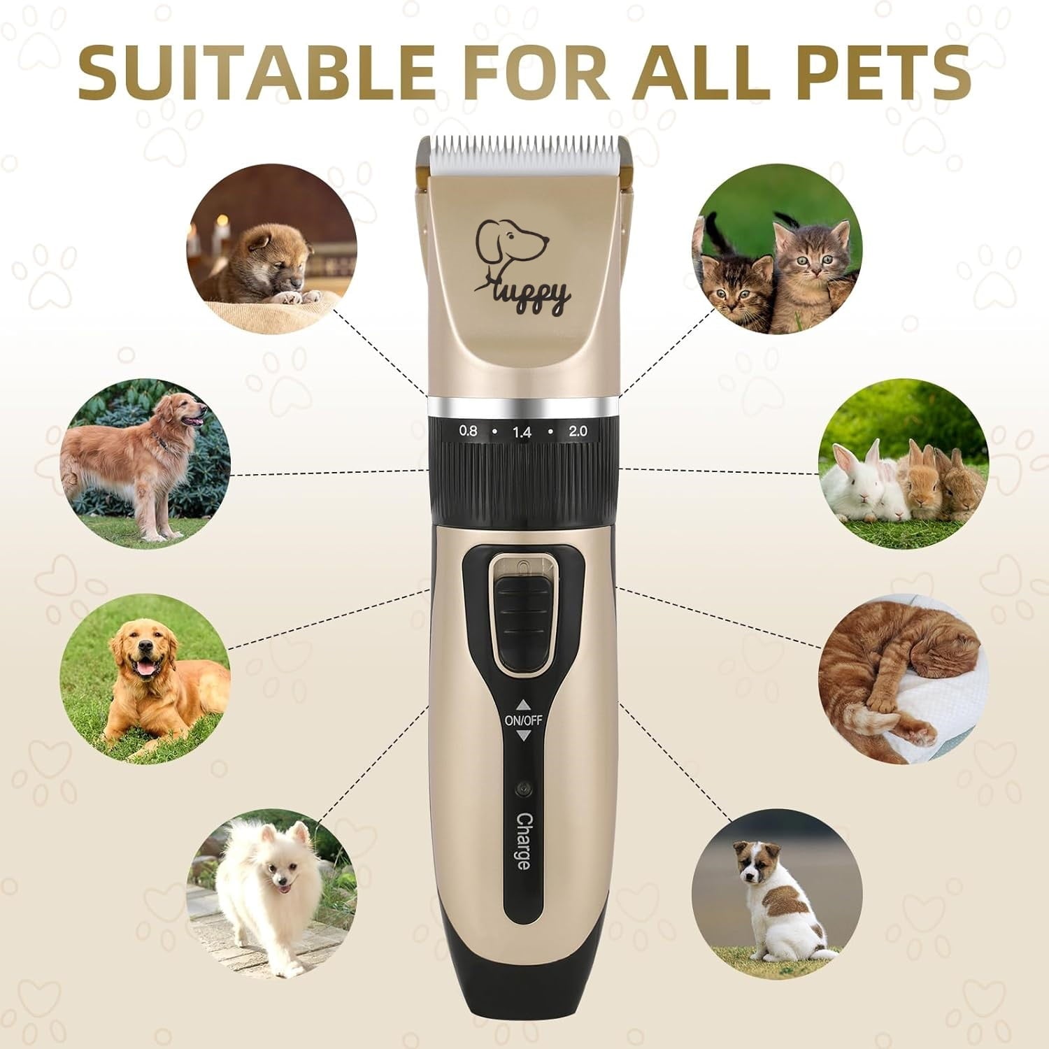 BN-LINK Dog Grooming Kit Clippers, Low Noise Rechargeable Electric Pet Hair Thick Coats Clippers Trimmers Set, Suitable for Dogs, Cats, and Other Pets (Gold)