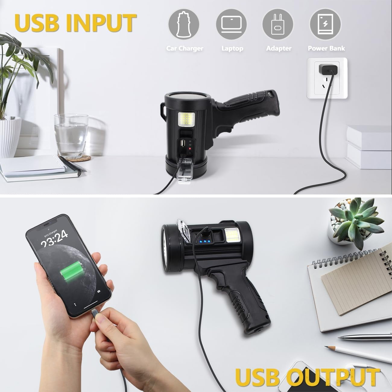 BN-LINK Rechargeable Spotlight, Handheld Hunting Flashlight Led Spot Light, Super Bright Solar Spot Lights Outdoor Handheld for Hunting, Boating, Camping