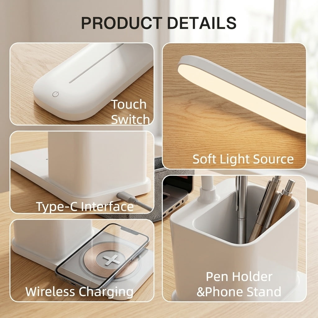 Behome LED Desk Lamp with Wireless Charger & Pen Holder, Eye-Caring 3-Color Dimmable Table Lamp, Flexible Gooseneck Desk light for Home Office School, White