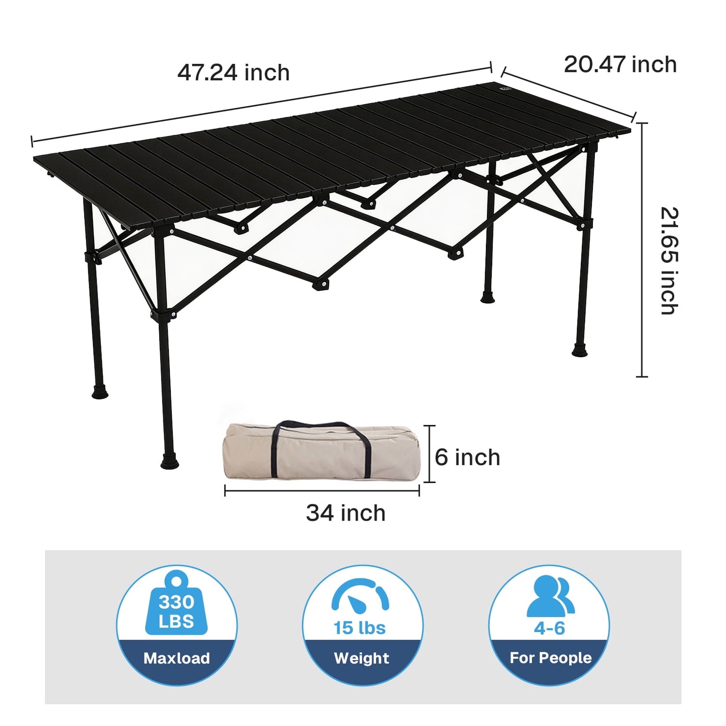 BN-LINK Folding Table Camping Table for Outdoor Barbecue Picnic Table Outdoor Table Garden Table,Lightweight with Carry Bag,47.2" L x 20.5" W x 22" H, Black