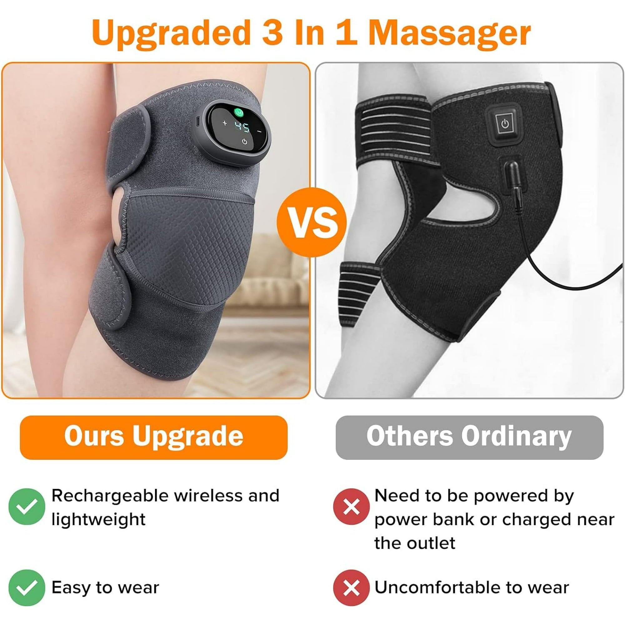 Behome Heating Knee Massager, Knee Shoulder Elbow 3-in-1 Heating Vibration Massager, Portable Wireless Hot Compress Massager, Relieve Joint Pain And Pressure, Suitable For Office, Study(Grey)