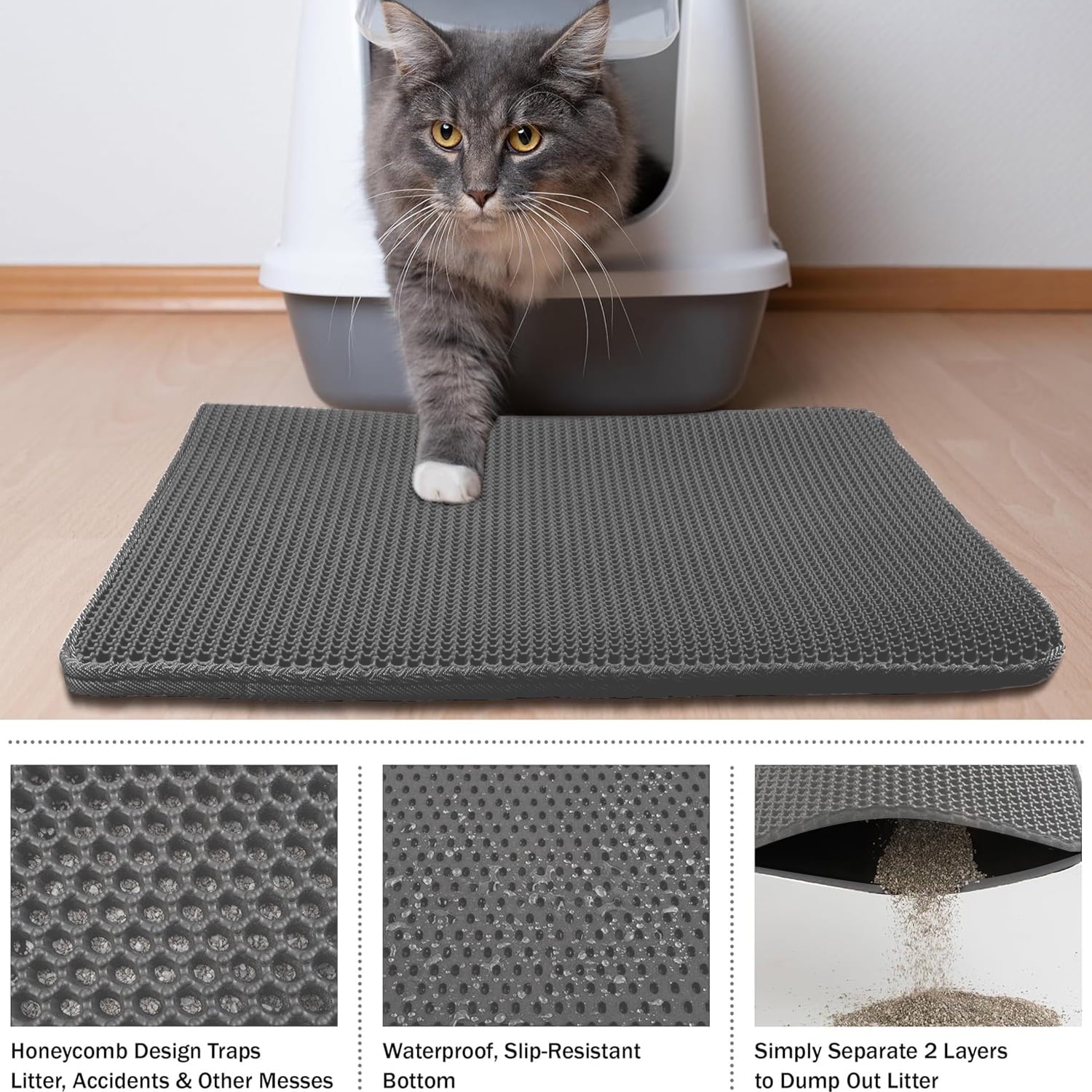 BN-LINK 17" x 23" Cat Litter Mat Trapping Match, Honeycomb Double Layer Design, Urine-Proof and Water Proof, Scatter Control, Easier to Clean & Washable(Gray)