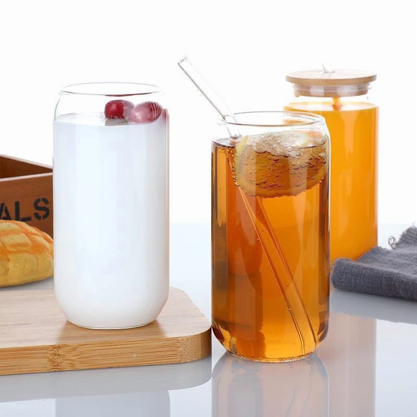 4pcs Glass Cups with Bamboo Lids and Straws for Cocktail, Whiskey, Tea, Gift