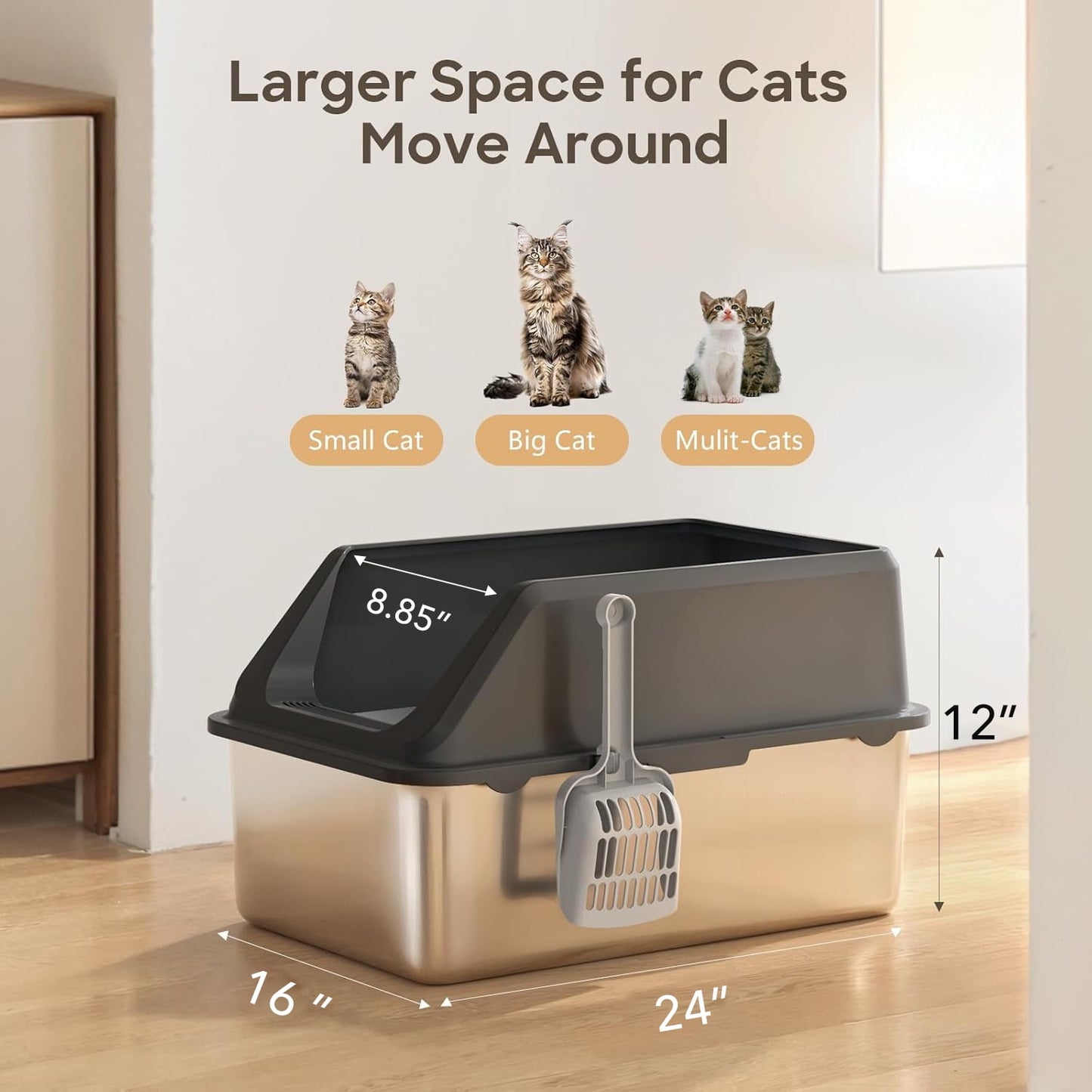 BN-LINK Stainless Steel Cat Litter Box with Scoop, XL Extra Large Litter Box for Big Cats, Metal Litter Box High Sided, Anti-Leakage, Non-Sticky, Easy Cleaning