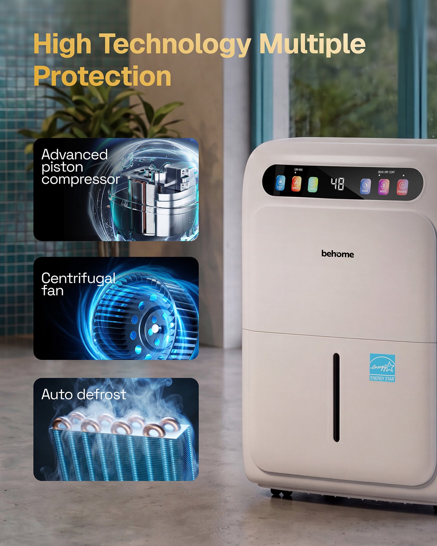 Behome 4500 Sq.Ft Energy Star Most Efficient 2026 Dehumidifier Intelligent Humidistat Max 80 Pint/Day Smart Compressor Dehumidifier with Drain Hose for Basement,Home,Bedroom,Bathroom