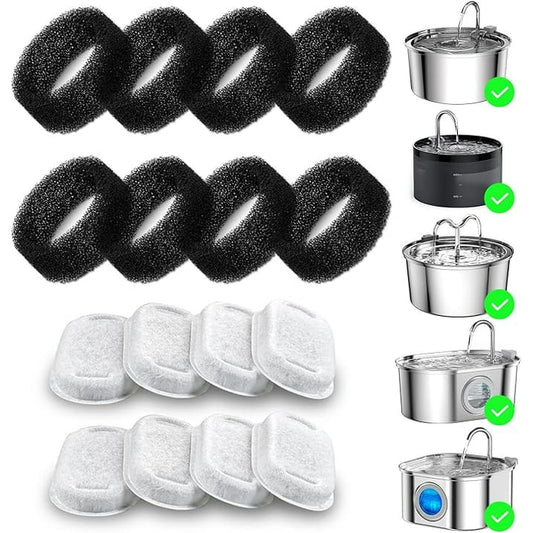 Behome 16 Pack Cat Water Fountain Filter, Cat Fountain Replacement Filters for Stainless Steel 67oz, 95oz, 135oz Automatic Pet Fountain Dispenser(8 Filters& 8 Sponges)