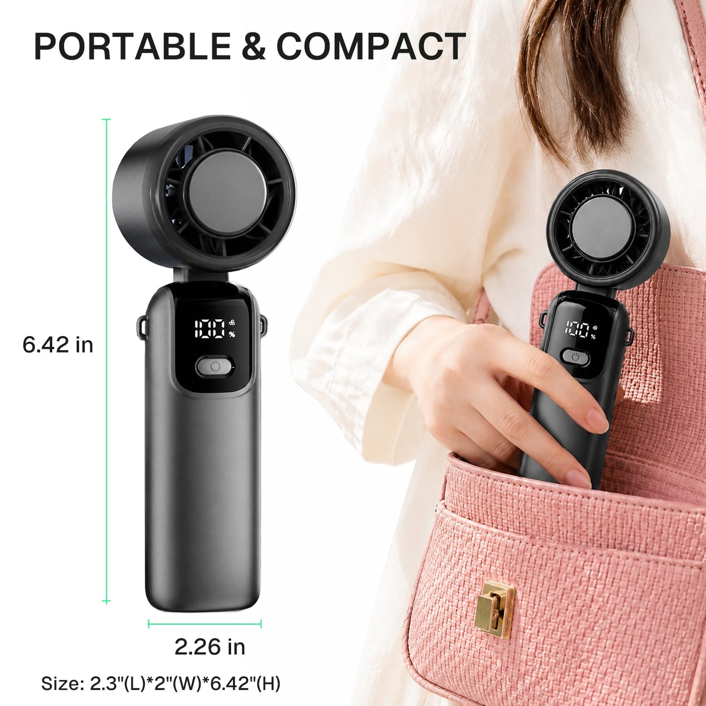 Behome Handheld Fan, 5 Gear High Speed Portable Fans Mini Hand Fan with LED Display, 90°Foldable Desk Fan with Base, USB Rechargeable Personal Fan for Travel, Makeup, Outdoor, Indoor