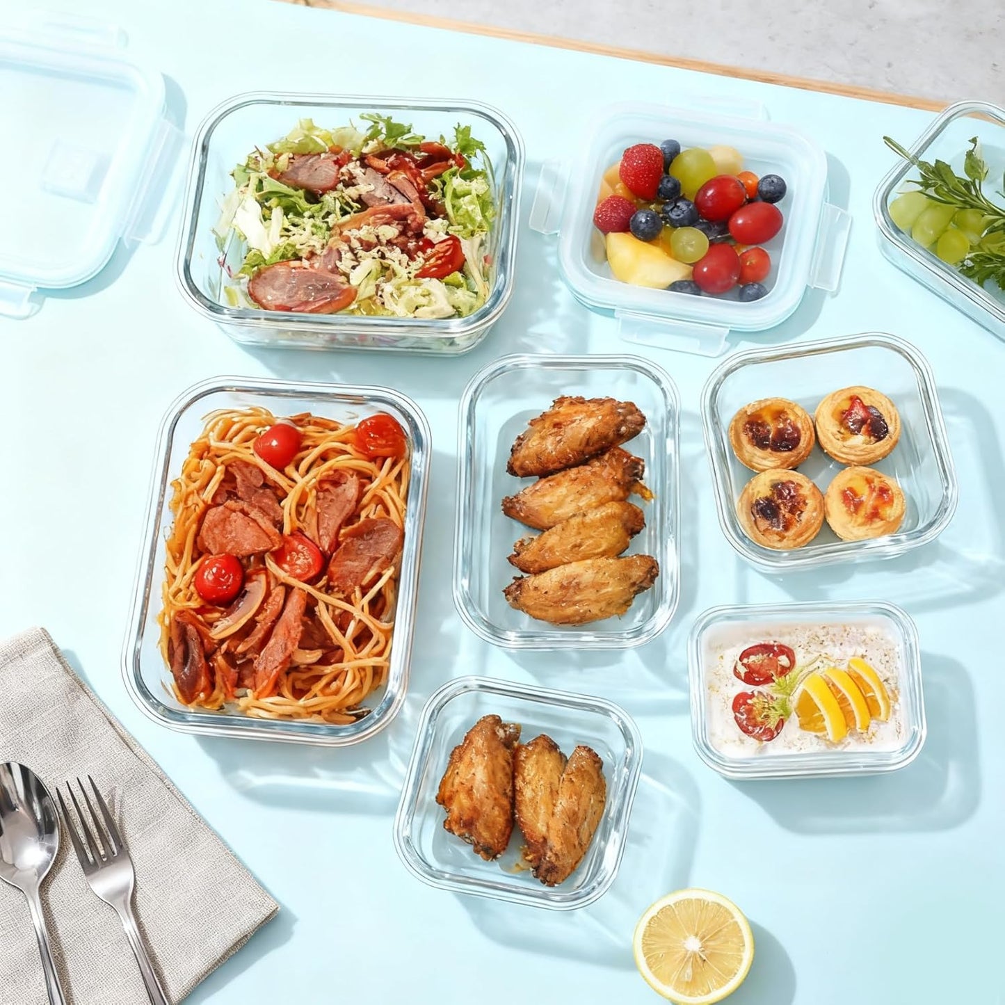 Behome 8 Pack Glass Food Storage Containers with Airtight Lids, BPA Free Glass Meal Prep Containers with Snap Locks, Lunch Containers for Microwave, Oven, Freezer and Dishwasher