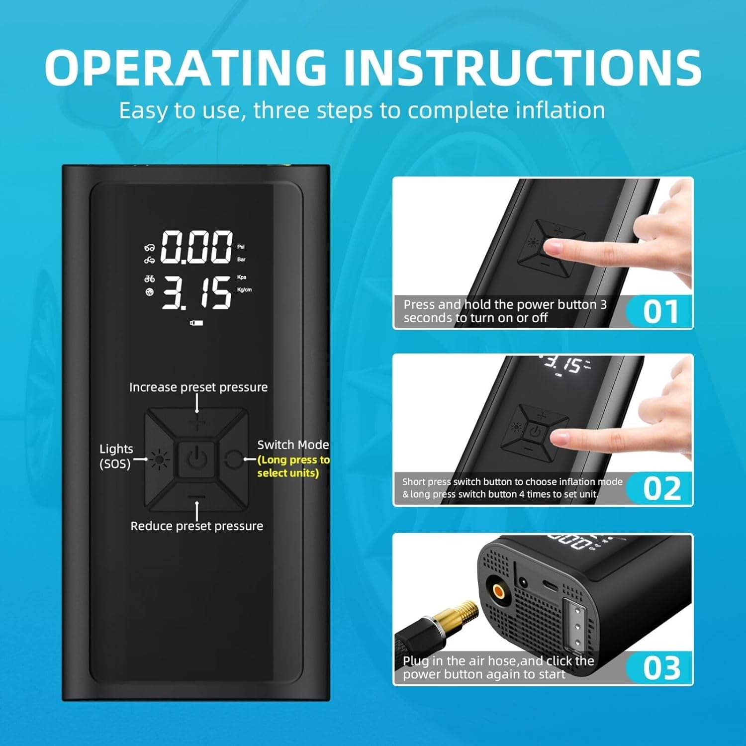 BN-LINK Tire Inflator Portable Air Compressor, Air Pump for Car Tires with Digital Tire Pressure Gauge, for Car, Motorcycle,Basketball, Inflatables, Bike Pump with LED Flashlight