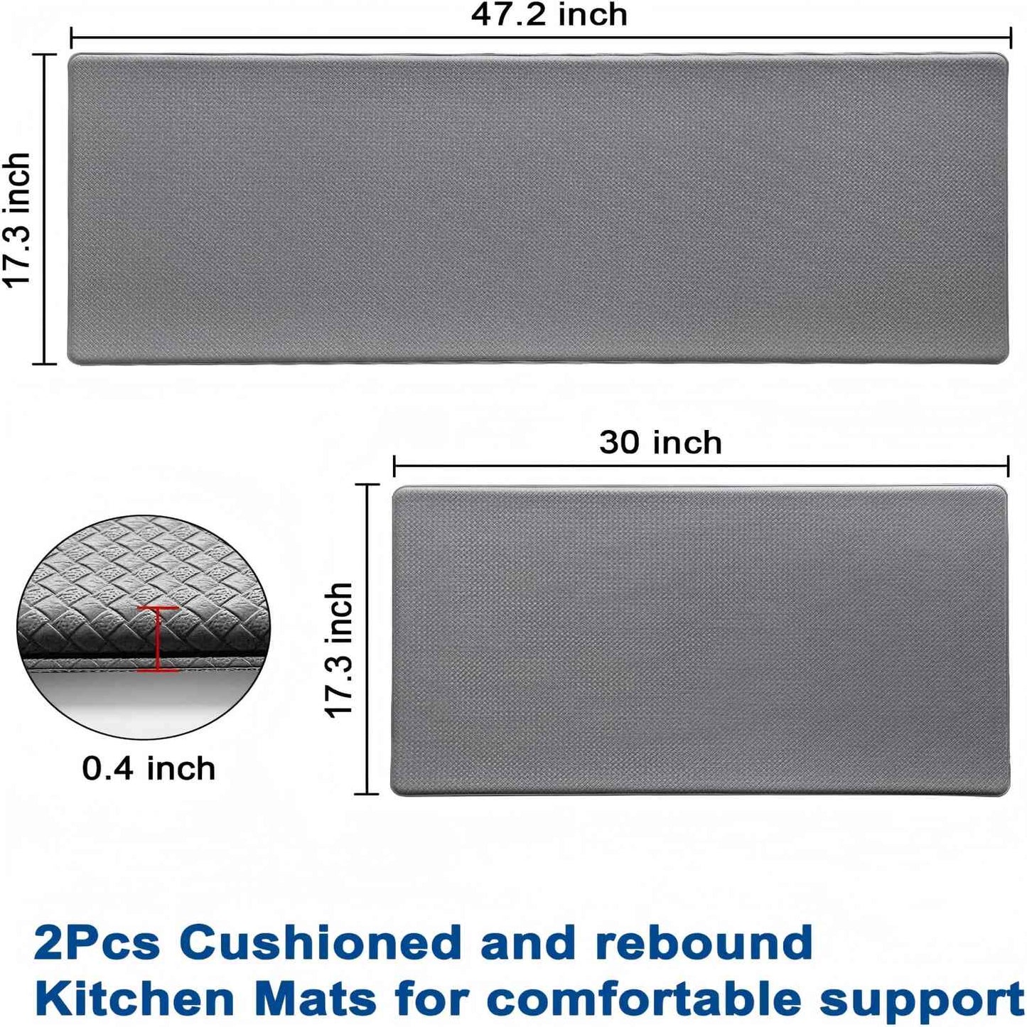 Behome 2 Pack Kitchen Mats, Cushioned Anti Fatigue Rugs, Non-Slip Waterproof Comfort Standing Mats for Kitchen, Office, and Floor, 17.3"x30"+17.3"x47", Grey