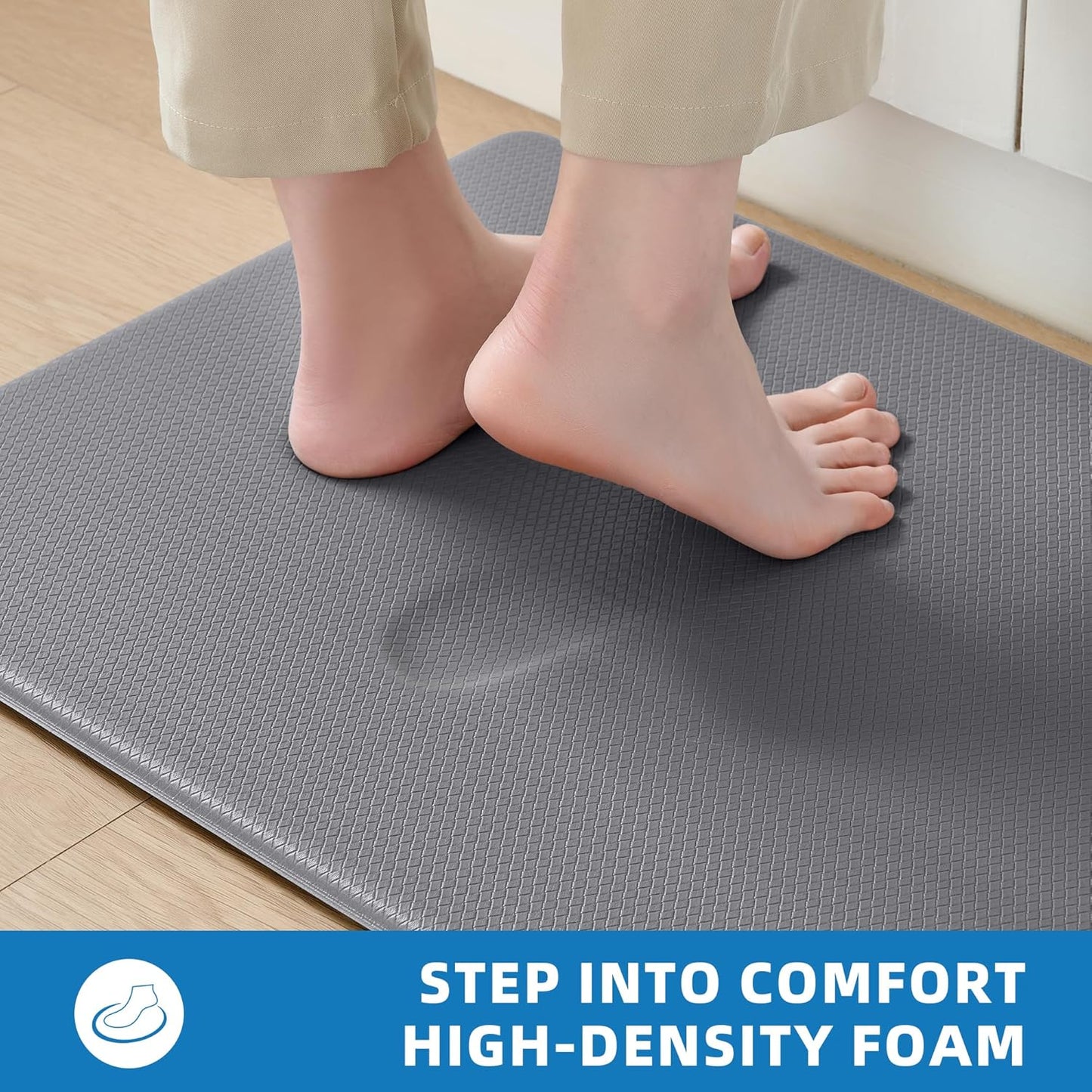 Behome Kitchen Mat, 17"x29" Cushioned Anti Fatigue Rugs, Non-Slip Waterproof Comfort Standing Mats for Kitchen, Office, and Floor, Grey
