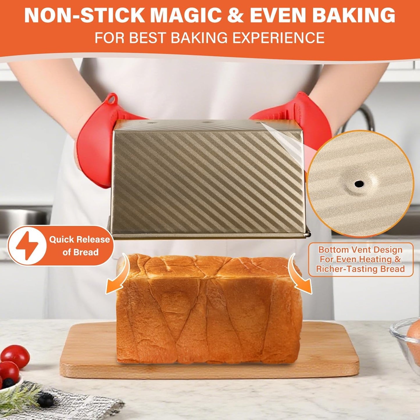 Behome 2 Pack Loaf Pan with Lid, 1 lb/0.5 lb Dough Capacity Bread Pans, Non-Stick Sandwich Bread Loaf Pan for Homemade Baking Bread, Gold