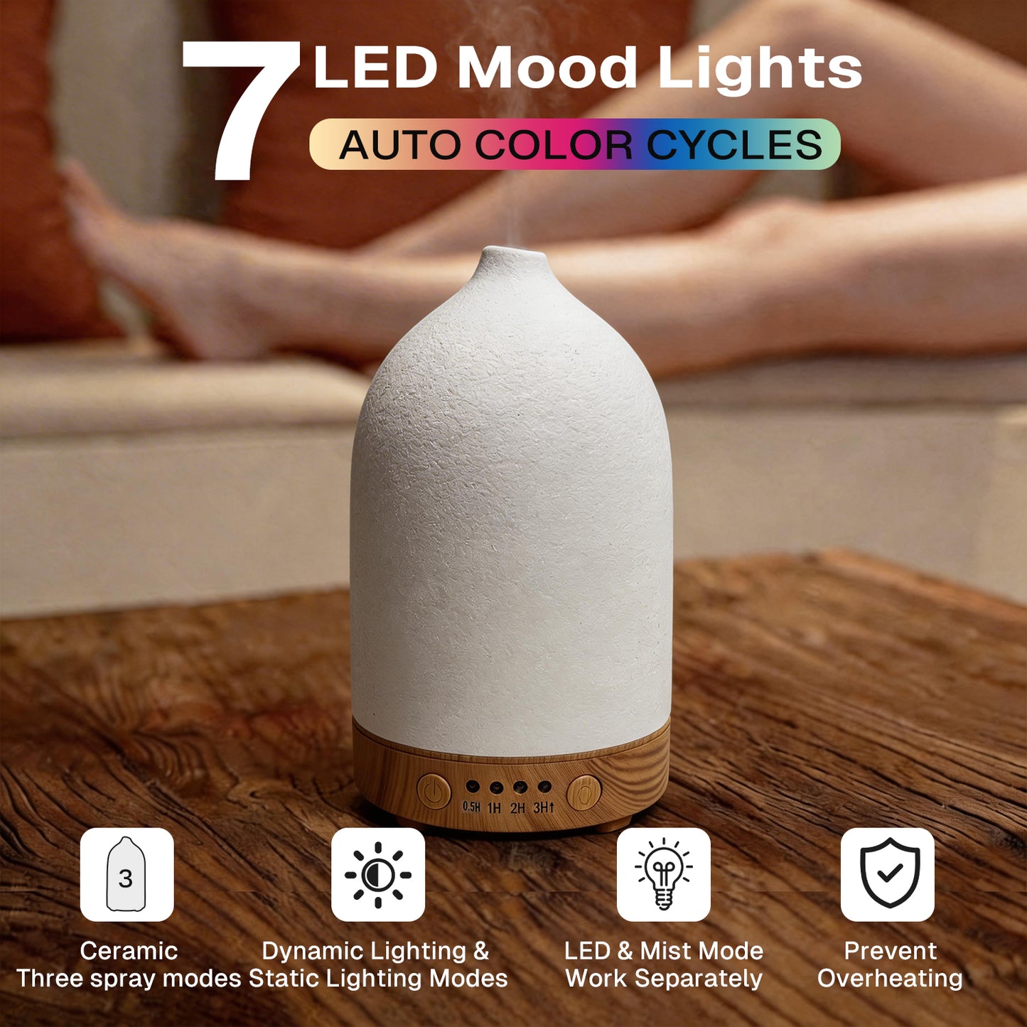 Behome 100ML Ceramic Essential Oil Diffuser, Ultrasonic Diffuser with 7-Color LED Lights, Scent Diffuser with Timer & Auto Shut-Off, for Home, Office, Yoga
