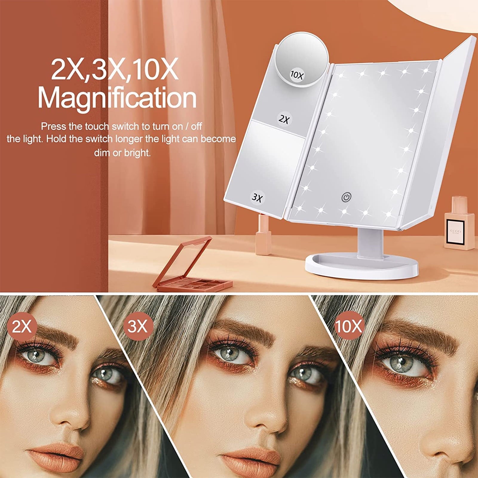 BN-LINK Makeup Mirror with Lights, 1X 2X 3X Magnification with 10x Magnifying Mirror, Lighted Makeup Mirror, Touch Control, Trifold Makeup Mirror, Portable LED Makeup Mirror, White