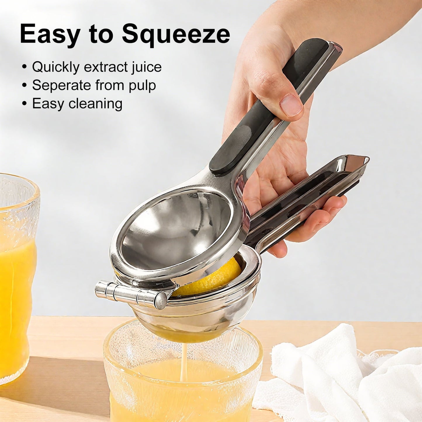 Behome Lemon Squeezer, Stainless Steel Handheld Lemon Juicer with Silicone Handles, Heavy Duty Manual Juicer for Lemon, Orange, Citrus