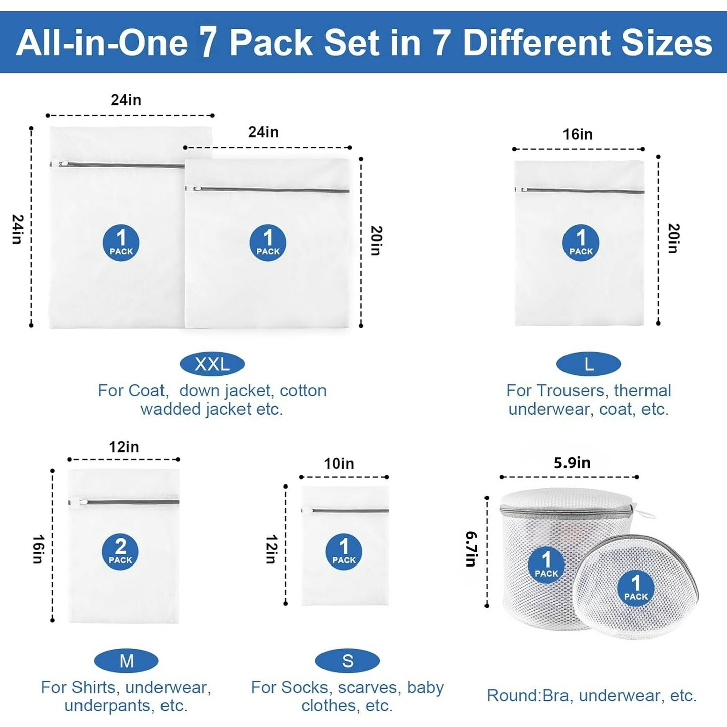 Behome 7 Pack Laundry Bags, Mesh Wash Bags with Zipper Protective Cover, Delicate Laundry Bags for Clothes, Underwear, Lingerie, White, 7 Sizes
