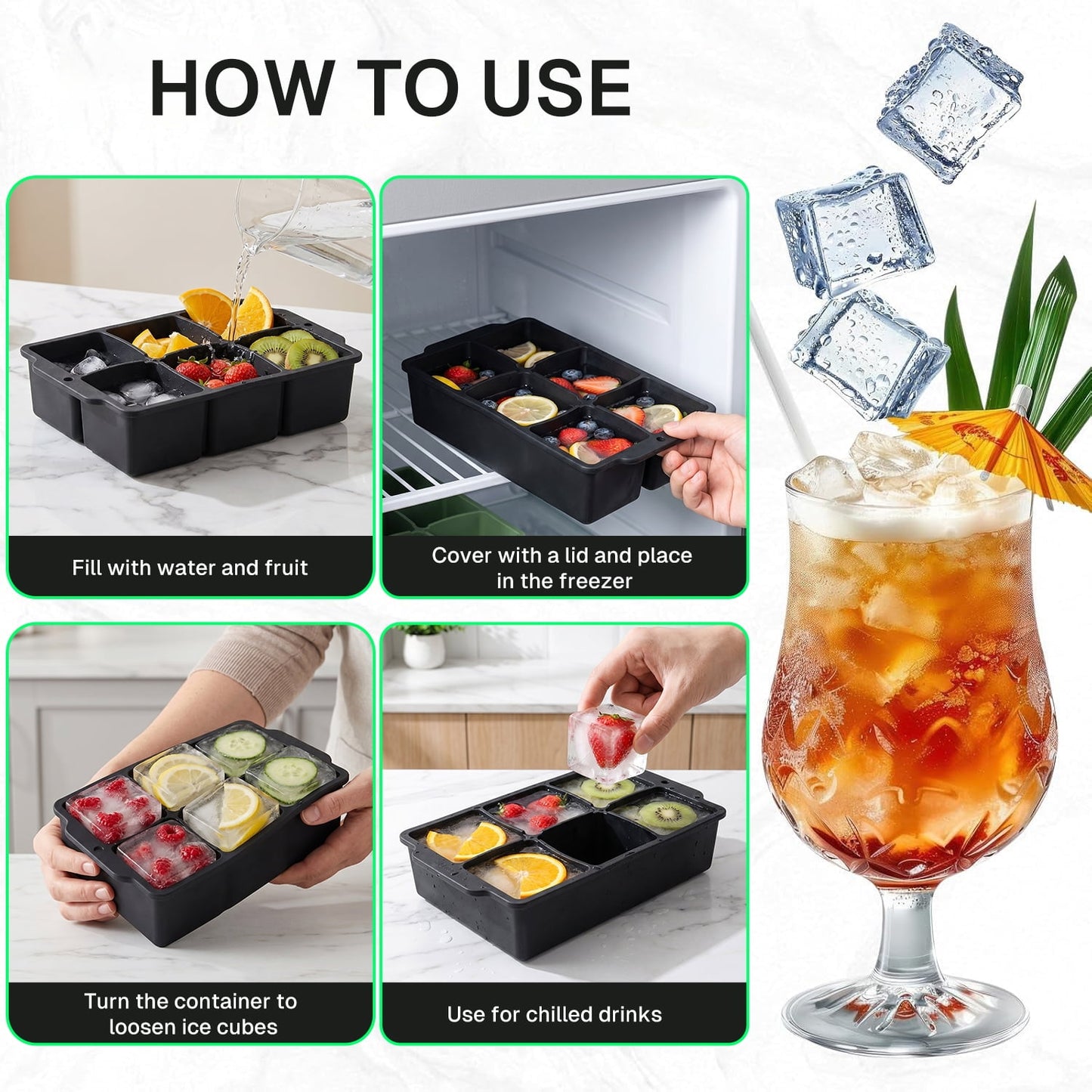 Behome 3 Pack Ice Cube Tray with Lid, 7 inch Cube Ice Trays for Cocktail Whisky, Ice Maker Tray with Lid for Freezer, Easy Release, Black
