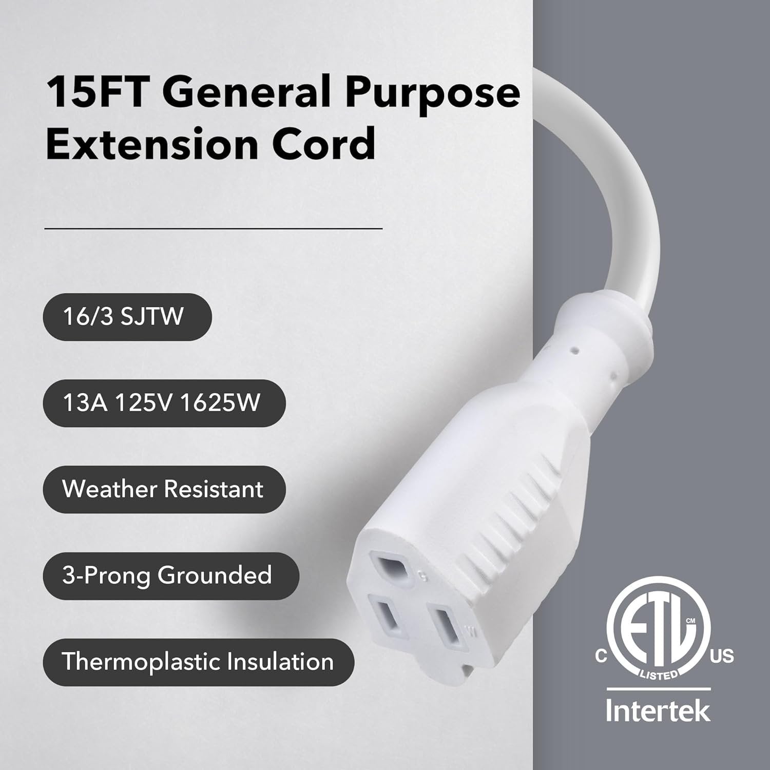 BN-LINK 15ft Outdoor Extension Cord, 3-Prong, 16 Gauge General Purpose Power Cord, Grounded Plug, White, for Landscaping & Holiday Decorations, Home & Office, 13A, ETL