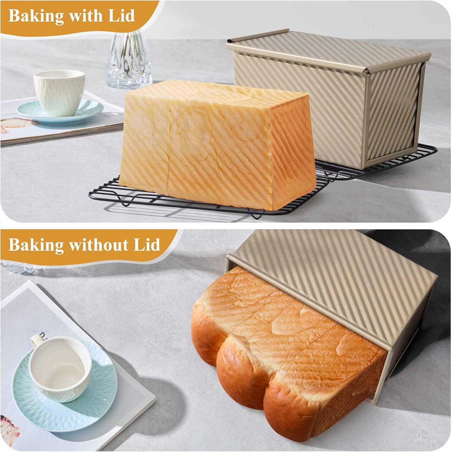 Behome 2 Pack Loaf Pan with Lid, 1 lb/0.5 lb Dough Capacity Bread Pans, Non-Stick Sandwich Bread Loaf Pan for Homemade Baking Bread, Gold