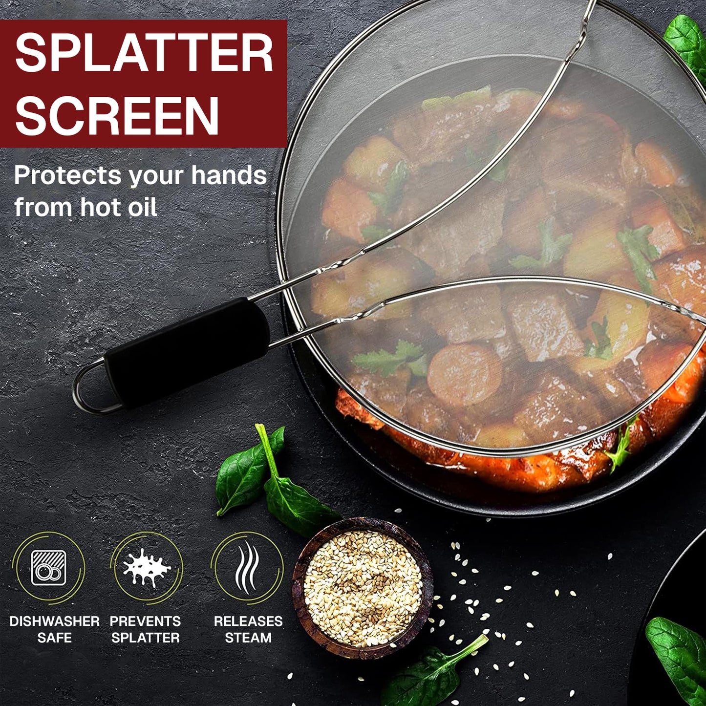 Behome 3 Pack Splatter Screen Set for Frying Pan, 13", 11.5", 9.5" Stainless Steel Grease Splatter Guard, Heat-Resistant Handle, Oil Splash Cover for Bacon, Fried Chicken & Cooking