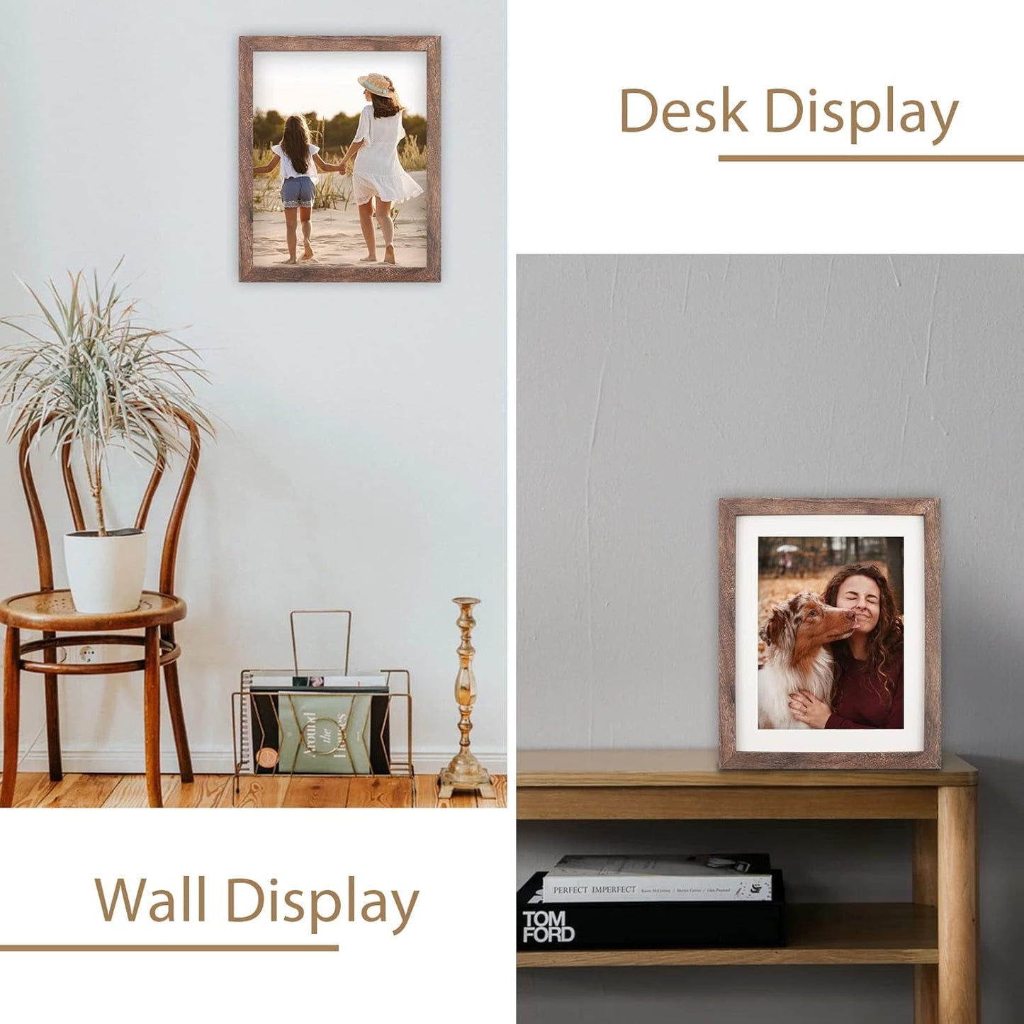 Behome 2 Pack 8 x 10 Picture Frame, Display Pictures 5x7 with Mat or 8x10 Without Mat, Photo Frame for Wall Mounting or Tabletop Display, Brown