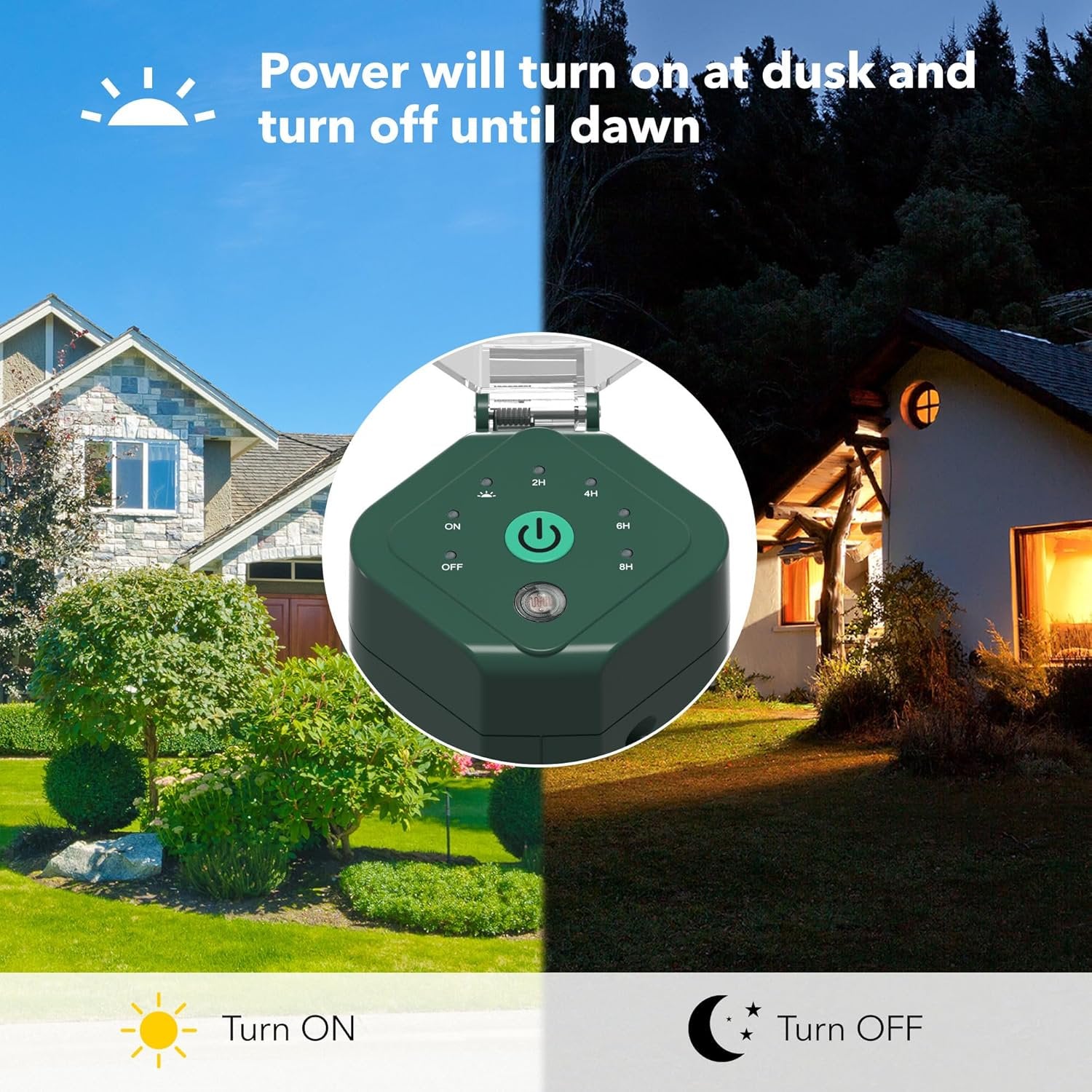 HBN Outdoor Power Strip Timer with Photocell, Yard Stake Countdown Timer(2, 4, 6, 8 Hour),Outside lights timer Dusk to Dawn,Weatherproof extension cord for Christmas Lights, Outdoor Lights,6 Outlets