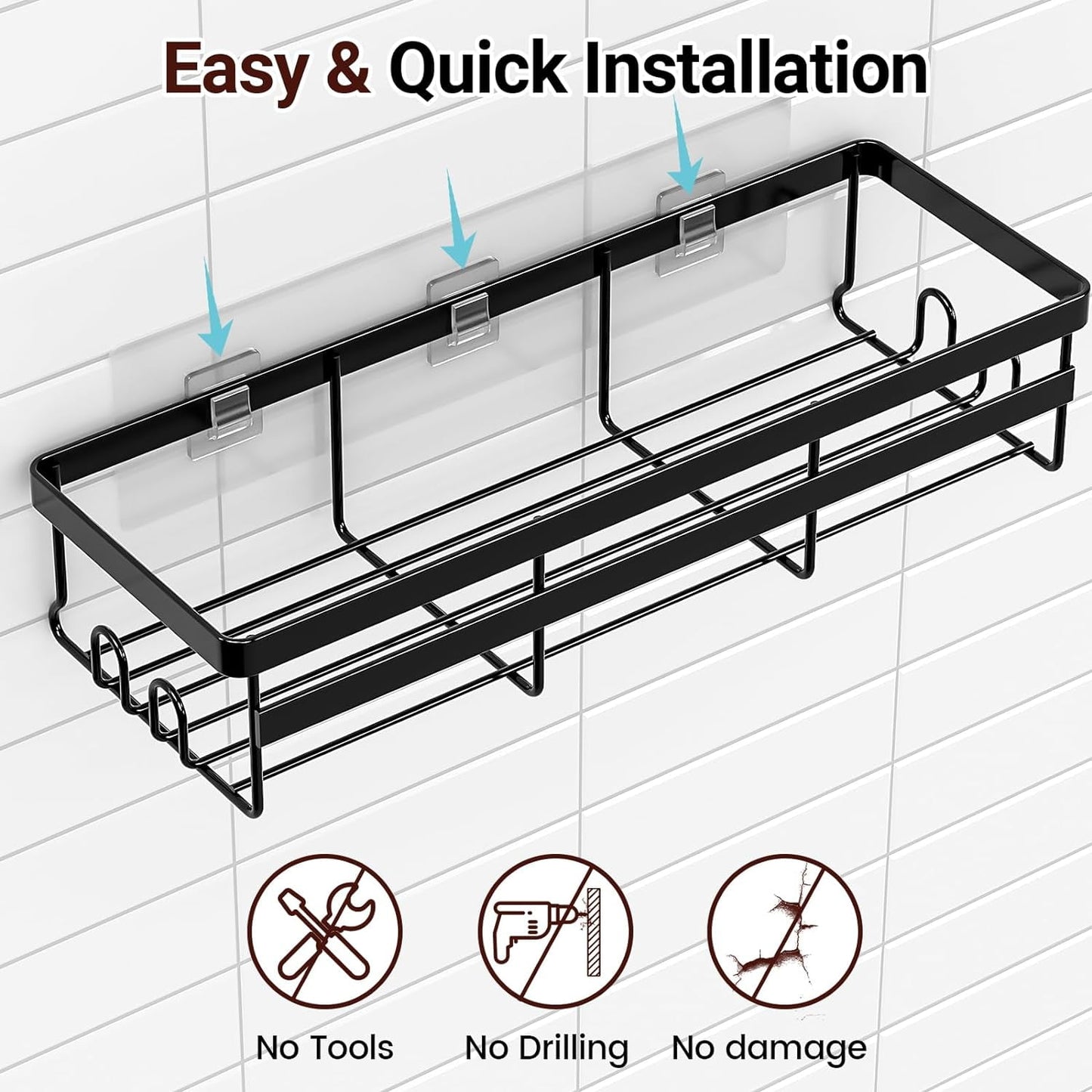 BN-LINK Shower Caddy, 2 pack Adhesive Shower Organizer Shower Rack with 8 Hooks, Shower Shelves Storage Bathroom Organizers and Storage, Black