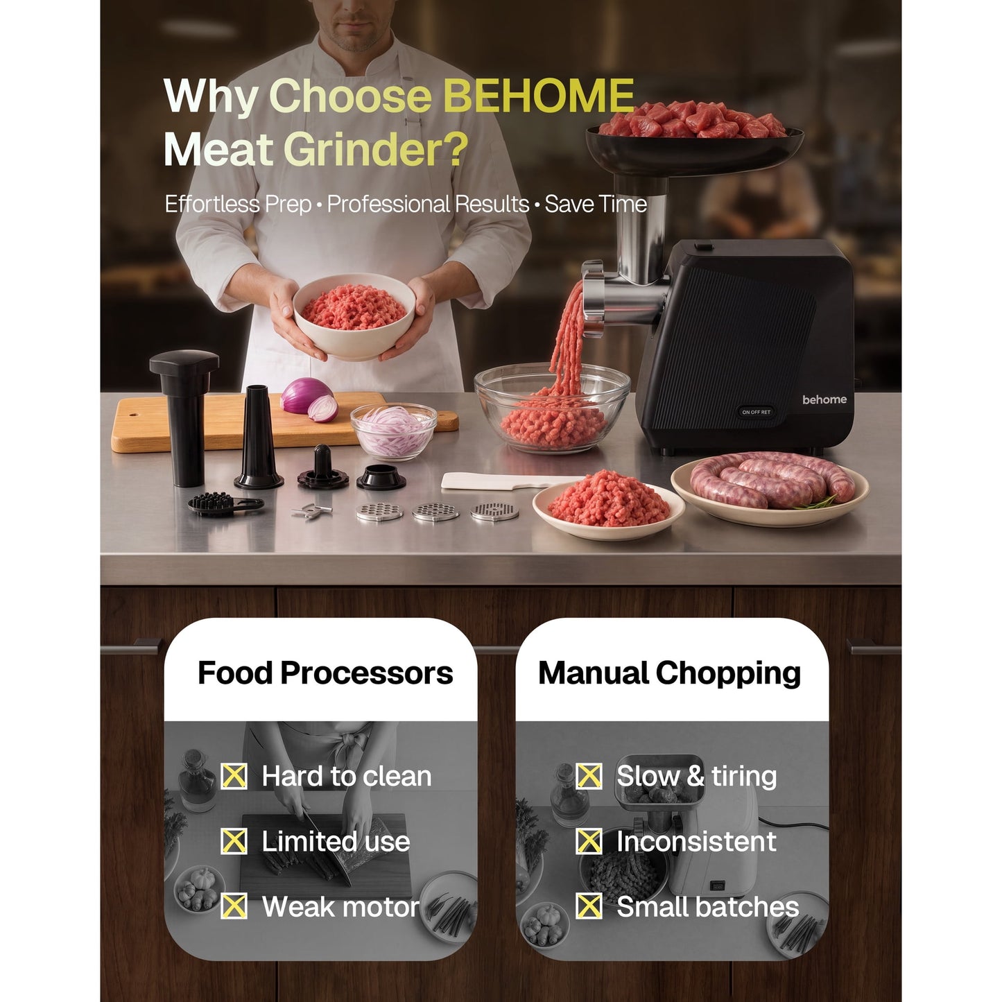Behome Electric Meat Grinder, 2800W Max Heavy Duty Stainless Steel Meat Mincer, with 1 Blade, 3 Grinding Plates, Sausage Stuffer Tube & Kubbe Kit for Home Kitchen, Burgers & Meatballs