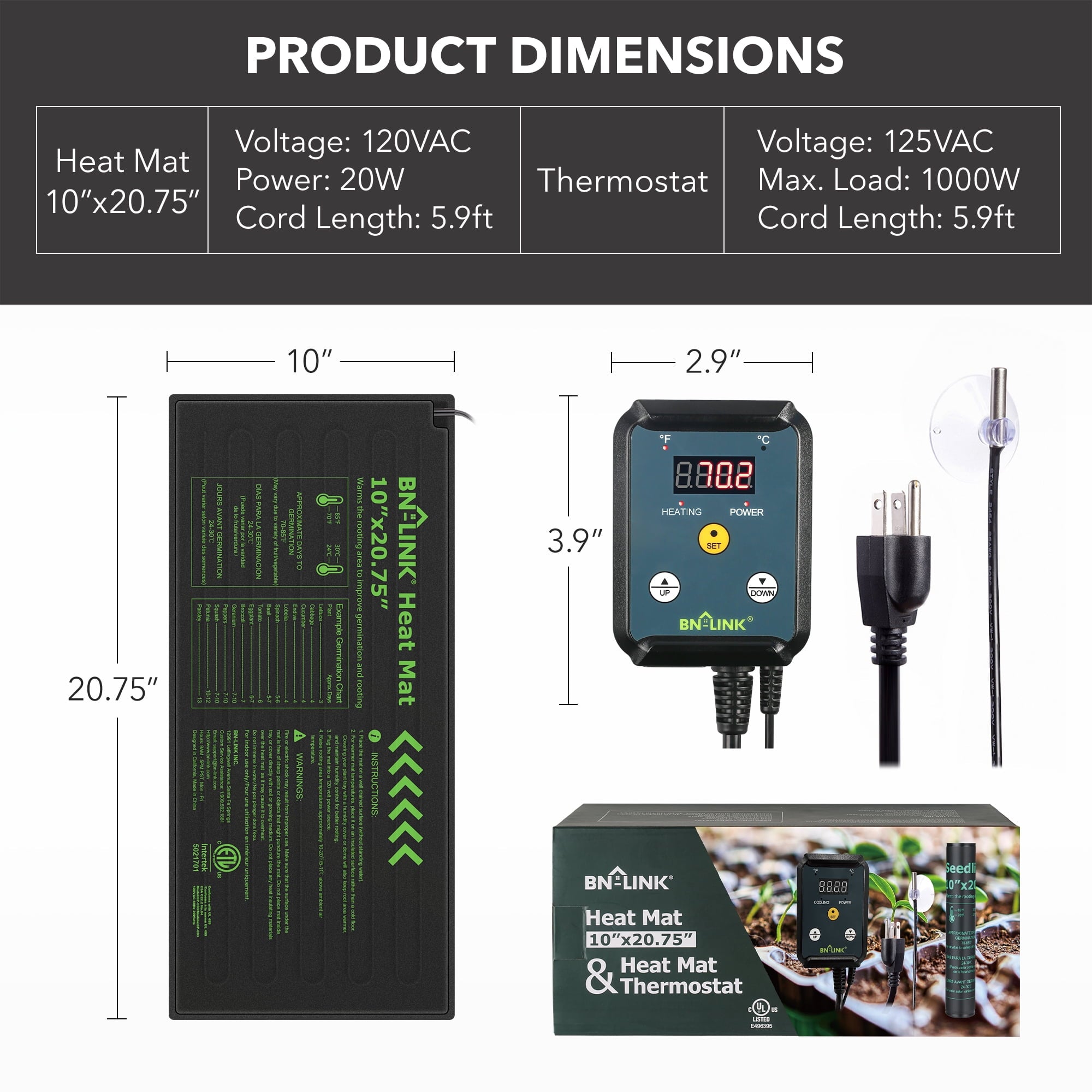 BN-LINK Durable Seedling Heat Mat Heating Pad 10" x 20.75" with Digital Thermostat Controller Combo Set Waterproof for Indoor Seed Starting and Plant Germination