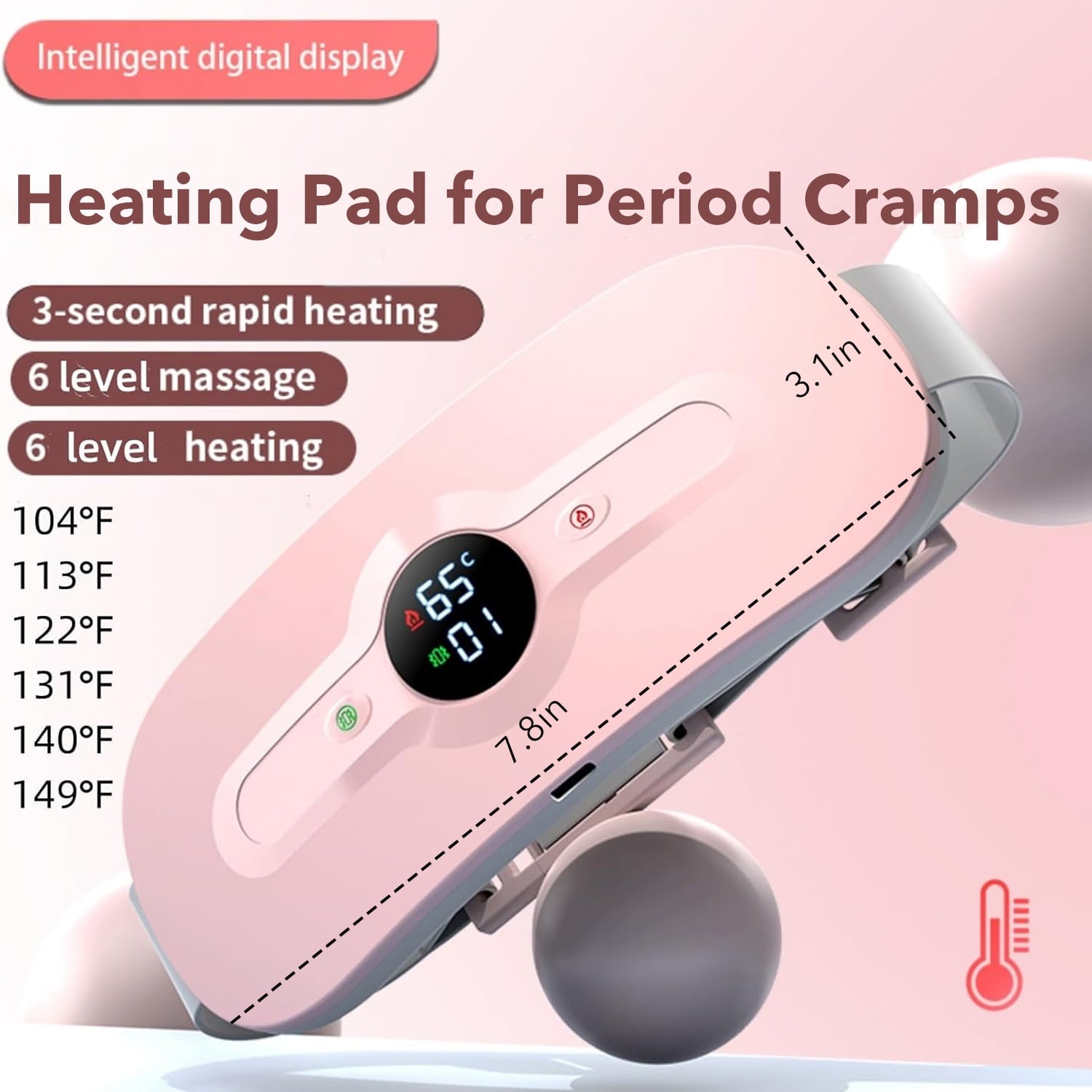 Behome Heating Pad for Period Cramps, Portable Cordless, 6 Heat Levels and 6 Massage Modes, Waist or Belly Heating Pad for Women and Girl(Pink)