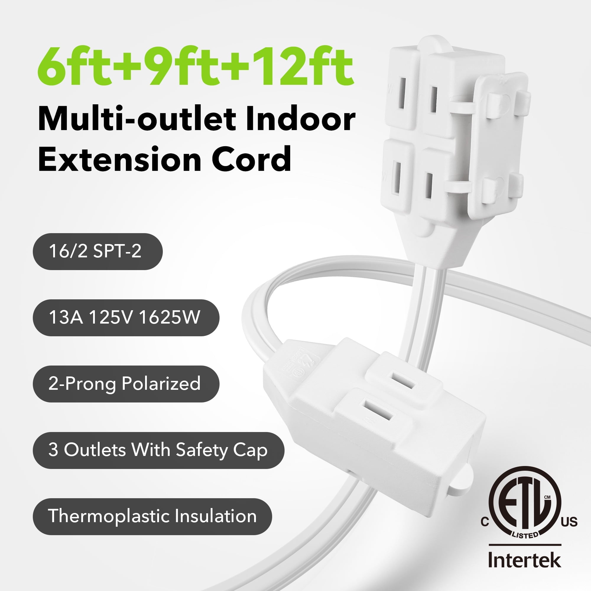 BN-LINK 6/9/12 Ft Indoor Extension Cord, White, 3 Outlets with Safety Cap Included, 2 Prong Polarized Plug, Perfect for Homes, Offices, and Kitchens, 3 Variety Pack