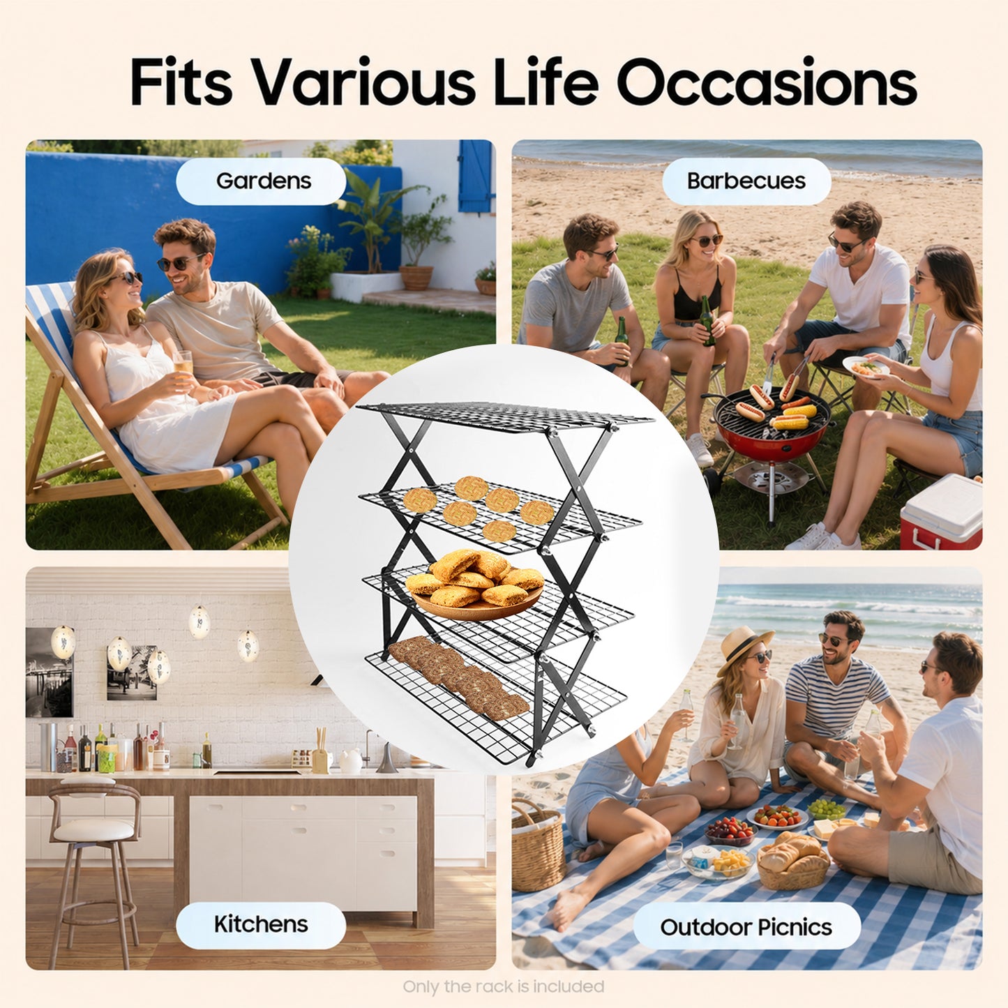 Behome 4-Tier Collapsible Cooling Rack, 3 Setting Design Stackable Baking Rack, Dishwasher Safe Cooling Racks for Cooking, Baking, Roasting & Grilling