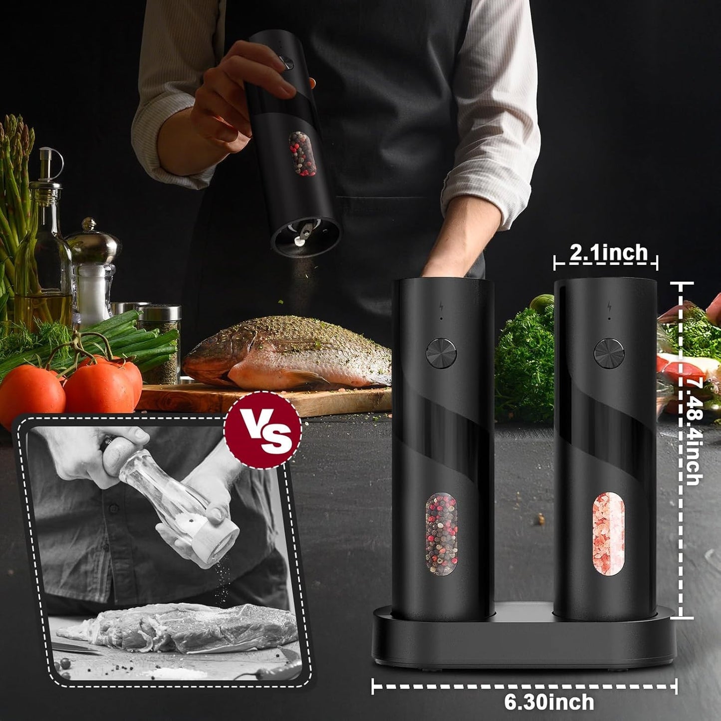 BN-LINK 2Pack Electric Pepper and Salt Grinder Set, Rechargeable Salt and Pepper Mill with LED Light, Charging Base & Adjustable Coarseness, One Hand Automatic Operation, for Kitchen, Outdoor, Black (4.7) | 103 ratings